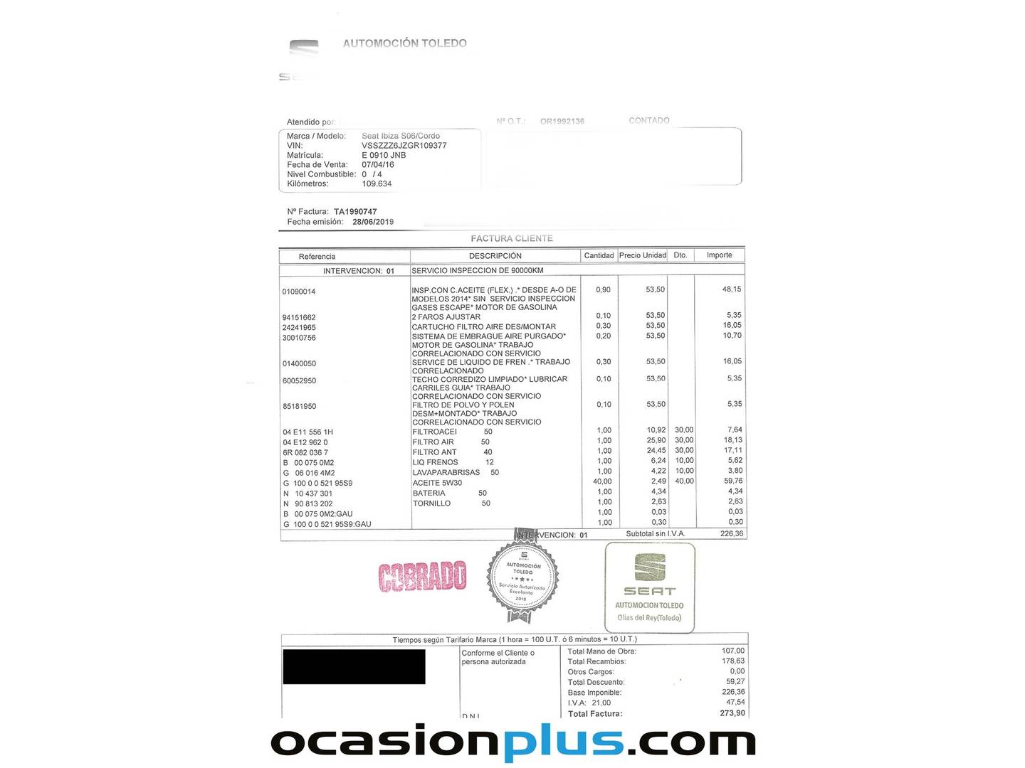Foto del mantenimiento del Seat Ibiza Seat Ibiza 1.5 TSI FR XL DSG (150 CV)