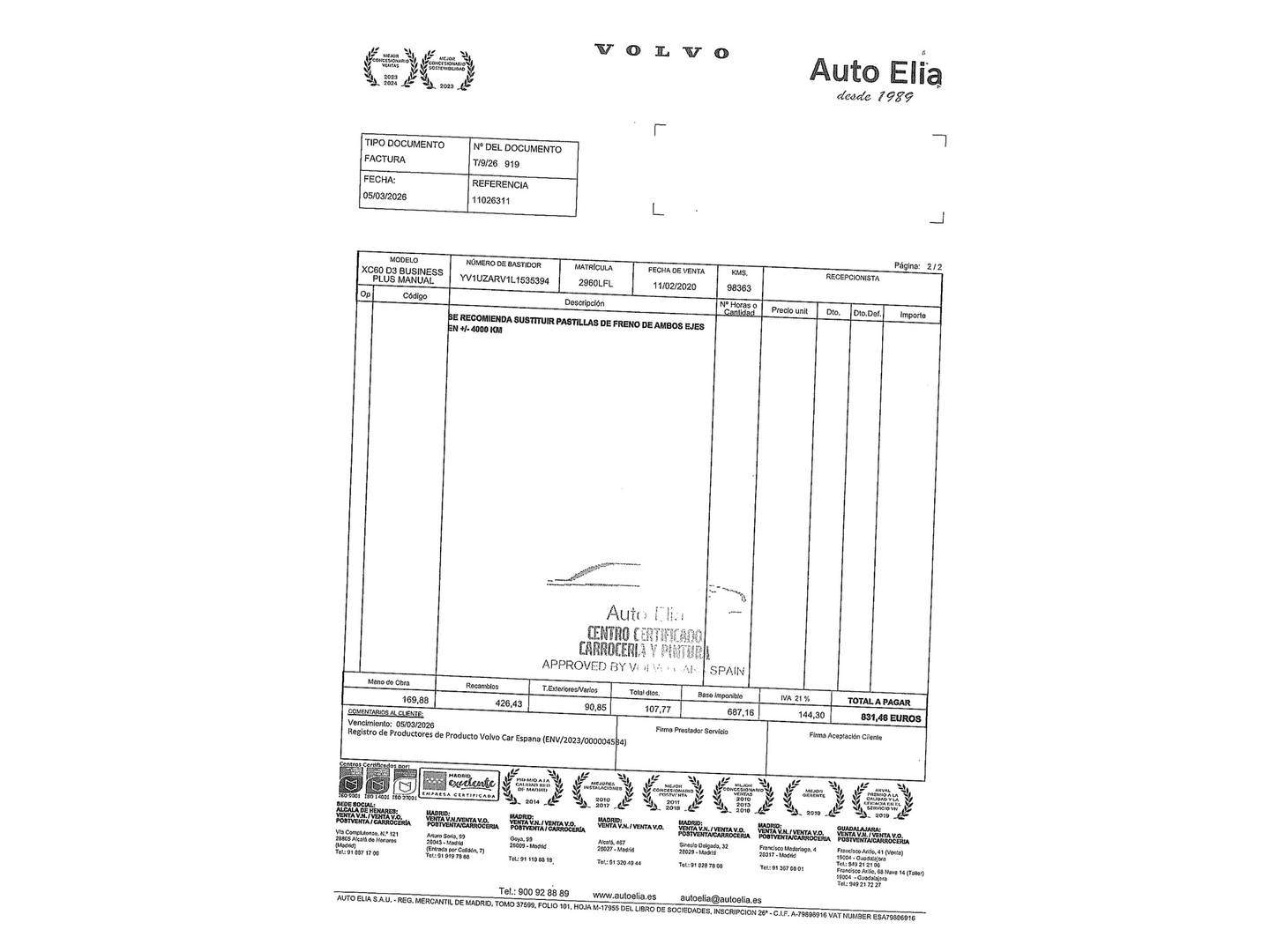 Foto del mantenimiento del Volvo XC60 Volvo XC60 D3 Business Plus (150 CV)
