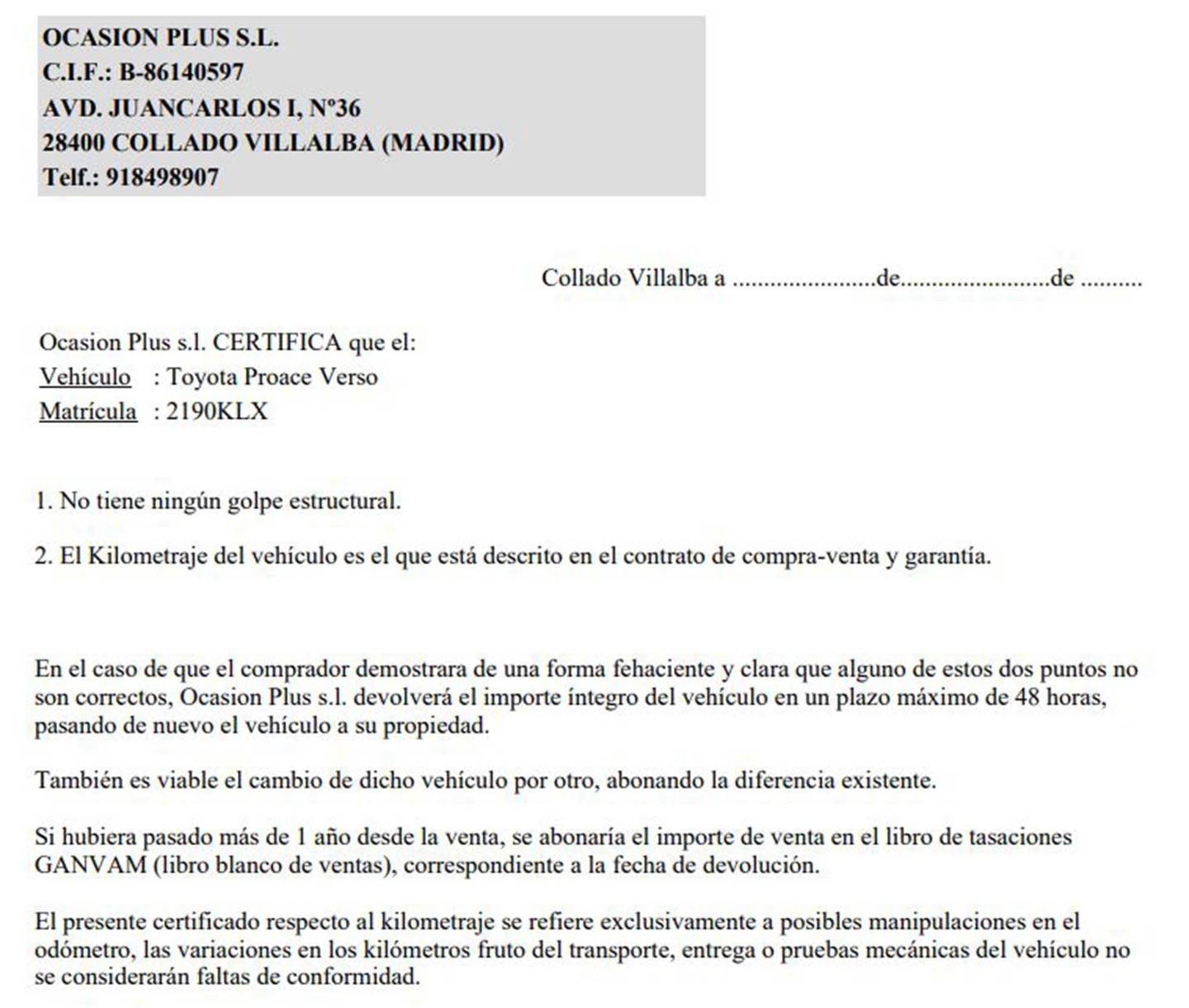 Foto del certificado del Toyota Proace Verso Toyota Proace Verso Shuttle 2.0D Medio ACT+ Auto 9 Plazas  (177 CV)
