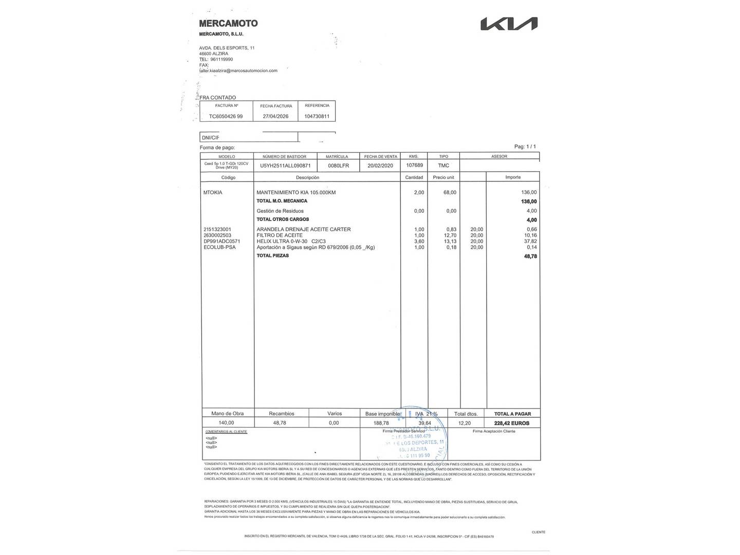 Foto del mantenimiento del KIA Ceed KIA Ceed 1.0 T-GDi Drive (120 CV)