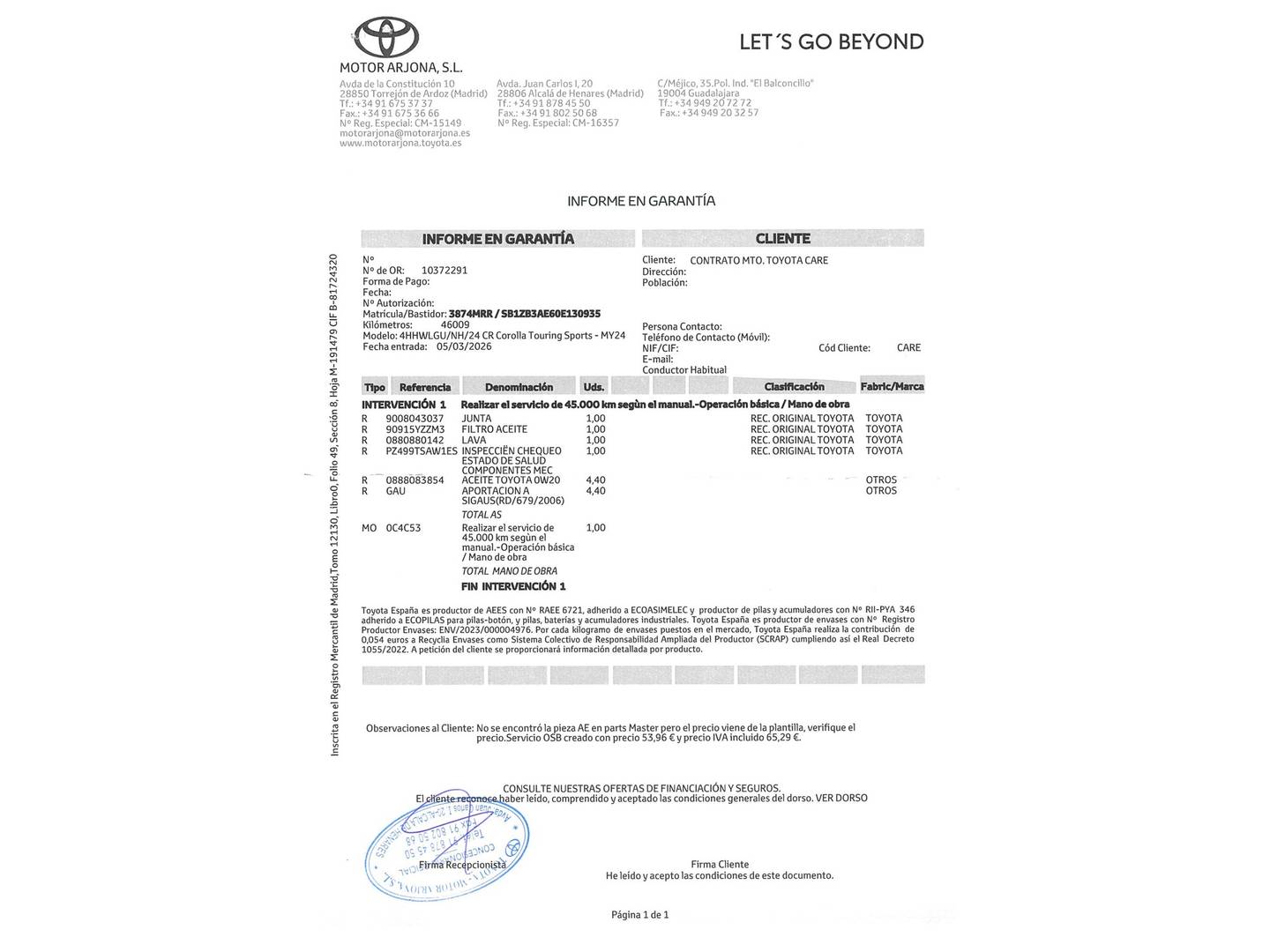 Foto del mantenimiento del Toyota Corolla Toyota Corolla 140H Active Plus Touring Sport (140 CV)