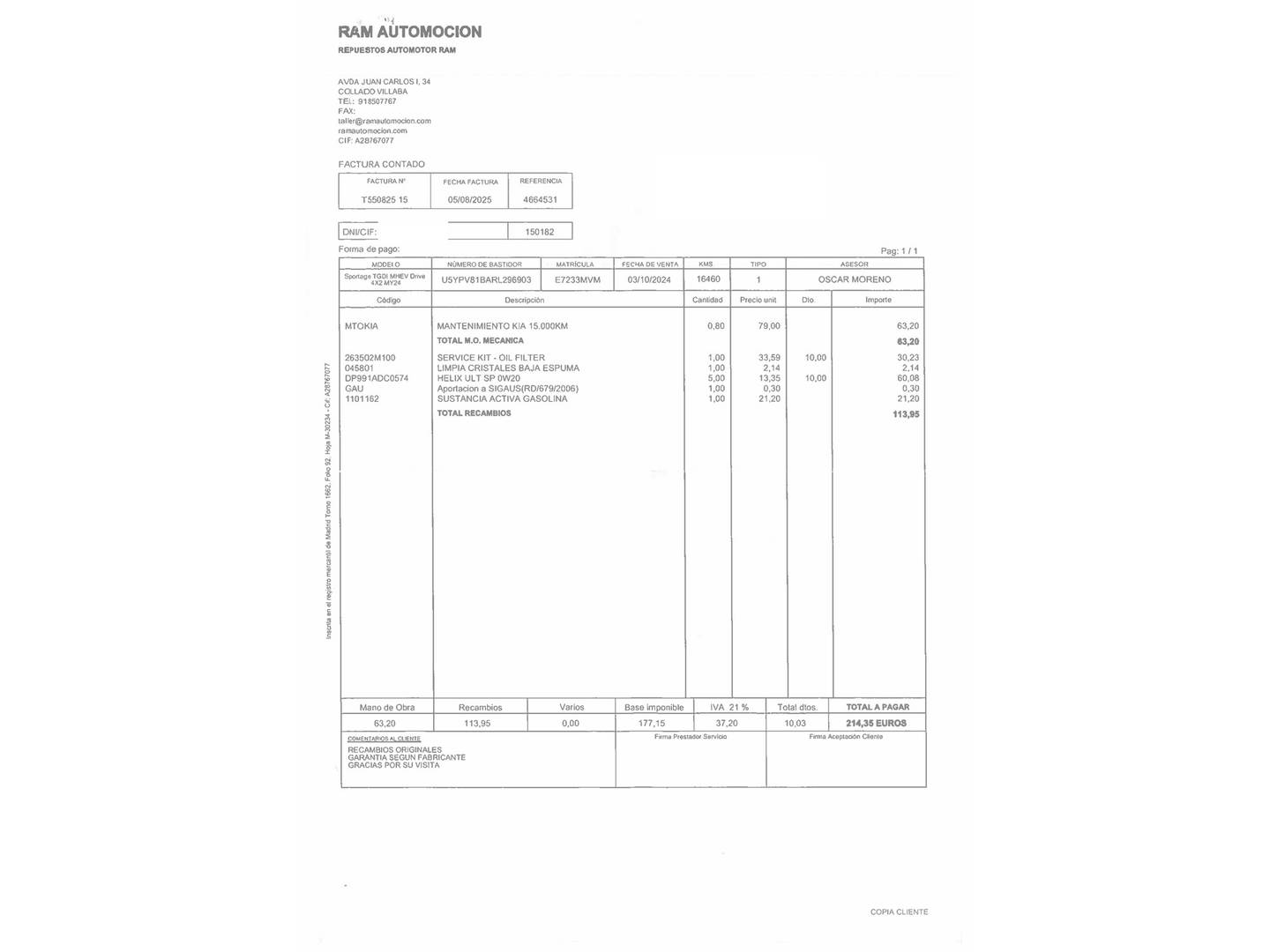 Foto del mantenimiento del KIA Sportage KIA Sportage 1.6 T-GDi MHEV Drive 4x2 (150 CV)