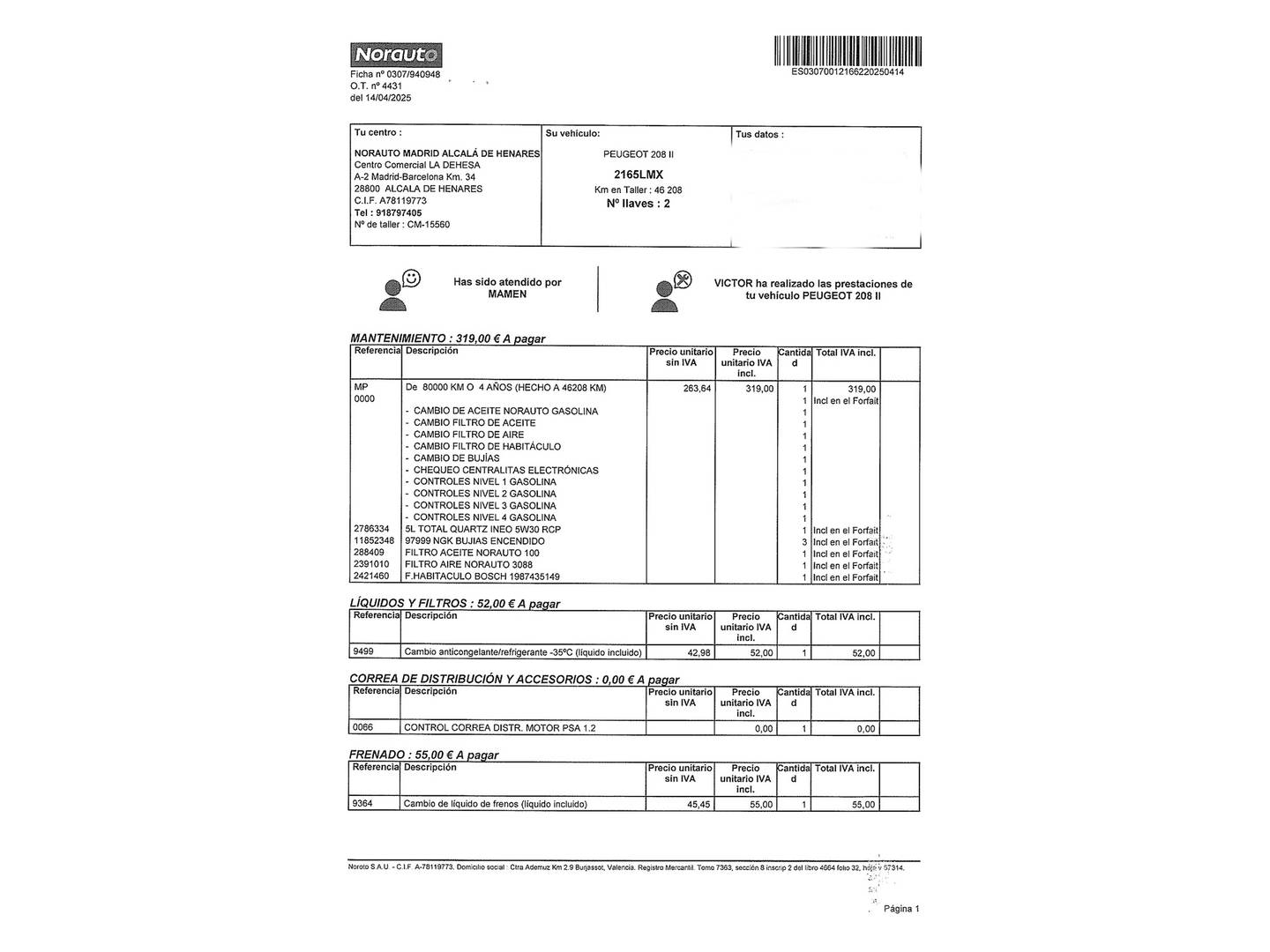 Foto del mantenimiento del Peugeot 208 Peugeot 208 PureTech 75 S&S Active Pack (75 CV)