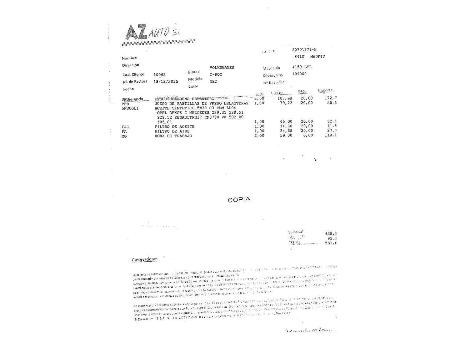 Foto del mantenimiento del Volkswagen T-Roc Volkswagen T-Roc Life 1.5 TSI (150 CV)