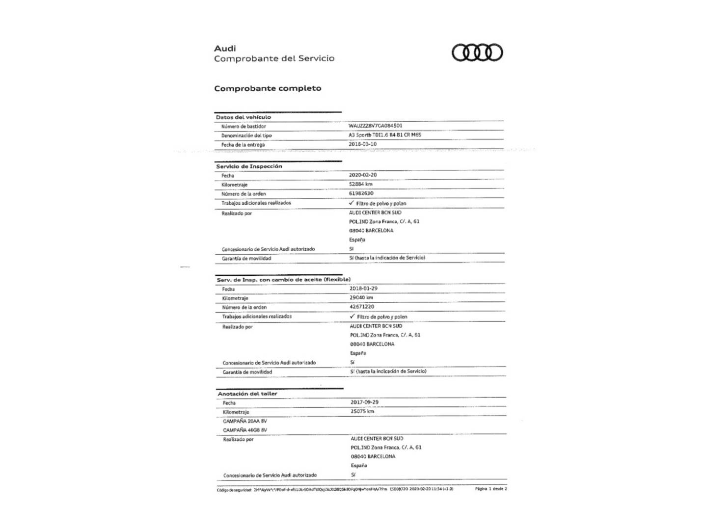 Foto del mantenimiento del Audi A3 Audi A3 Sportback Sportback Advanced 1.6 TDI clean diesel (110 CV)