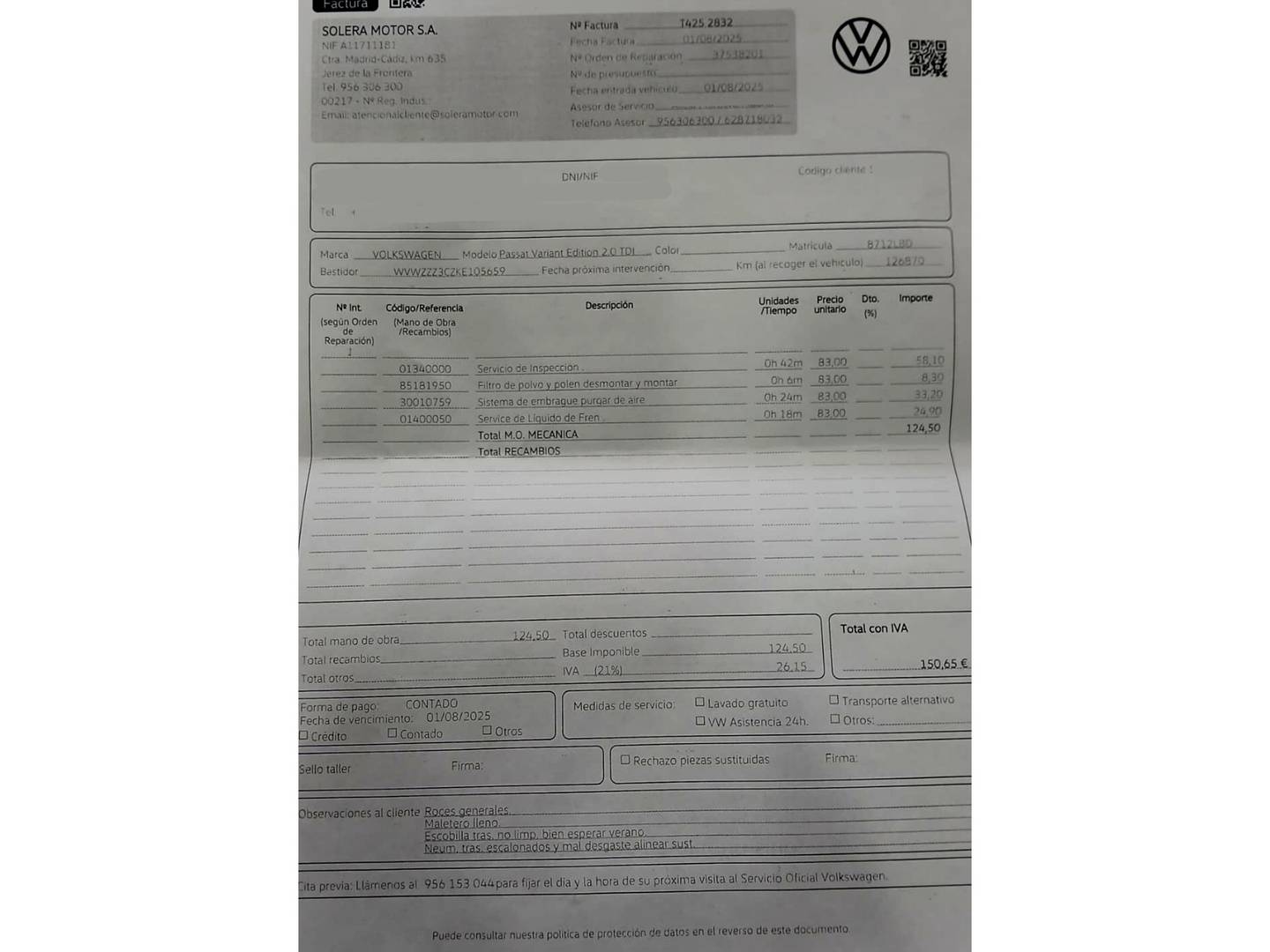 Foto del mantenimiento del Volkswagen Passat Volkswagen Passat Variant Advance 2.0 TDI (150 CV)