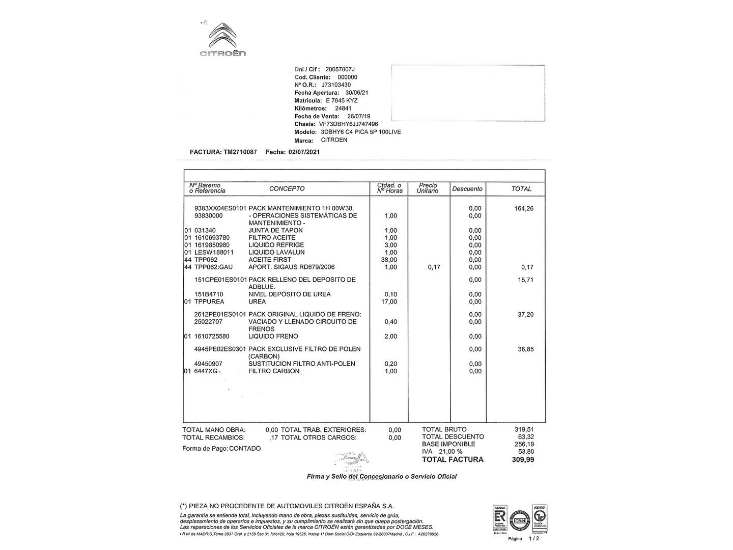 Foto del mantenimiento del Citroën C4 Spacetourer Citroën C4 Spacetourer BlueHDi 100 Feel (100 CV)