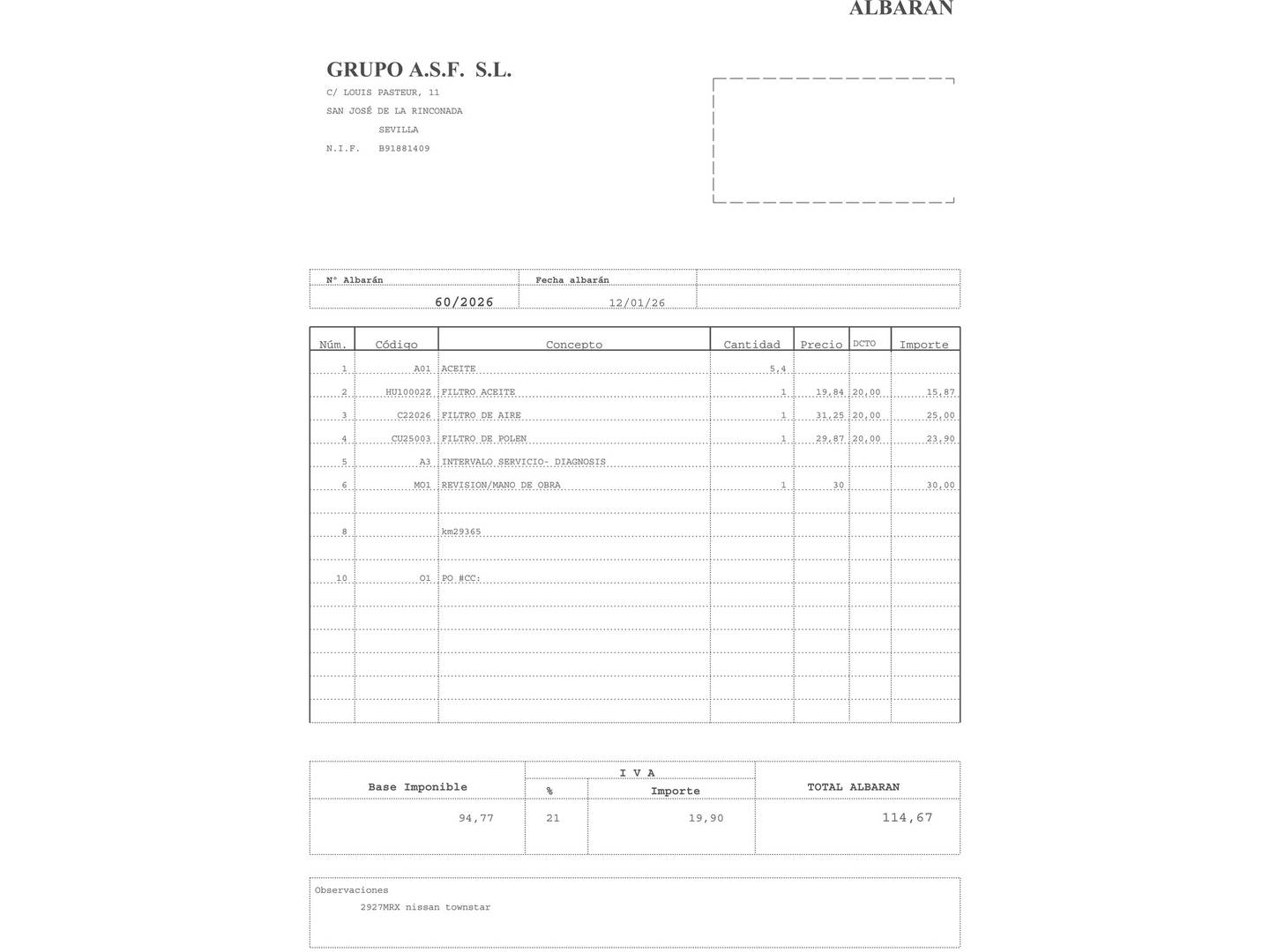 Foto del mantenimiento del Nissan Townstar Nissan Townstar Furgon 1.3G L1 Profesional (130 CV)