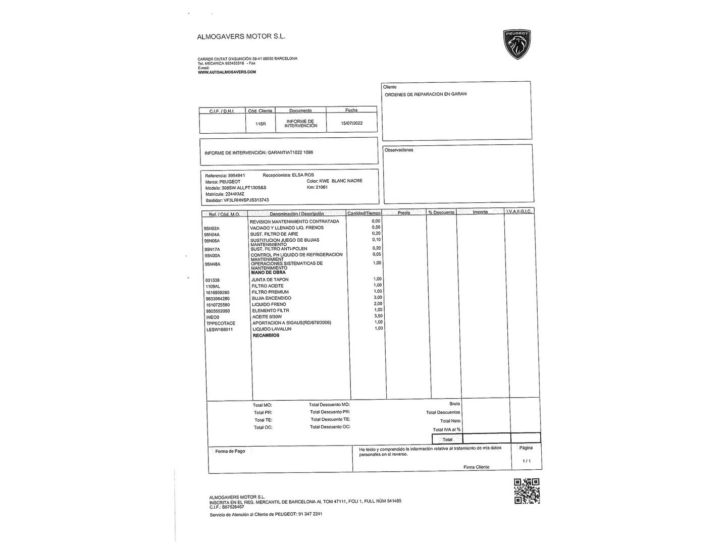 Foto del mantenimiento del Peugeot 308 Peugeot 308 SW 1.2 PureTech S&S Allure (130 CV)