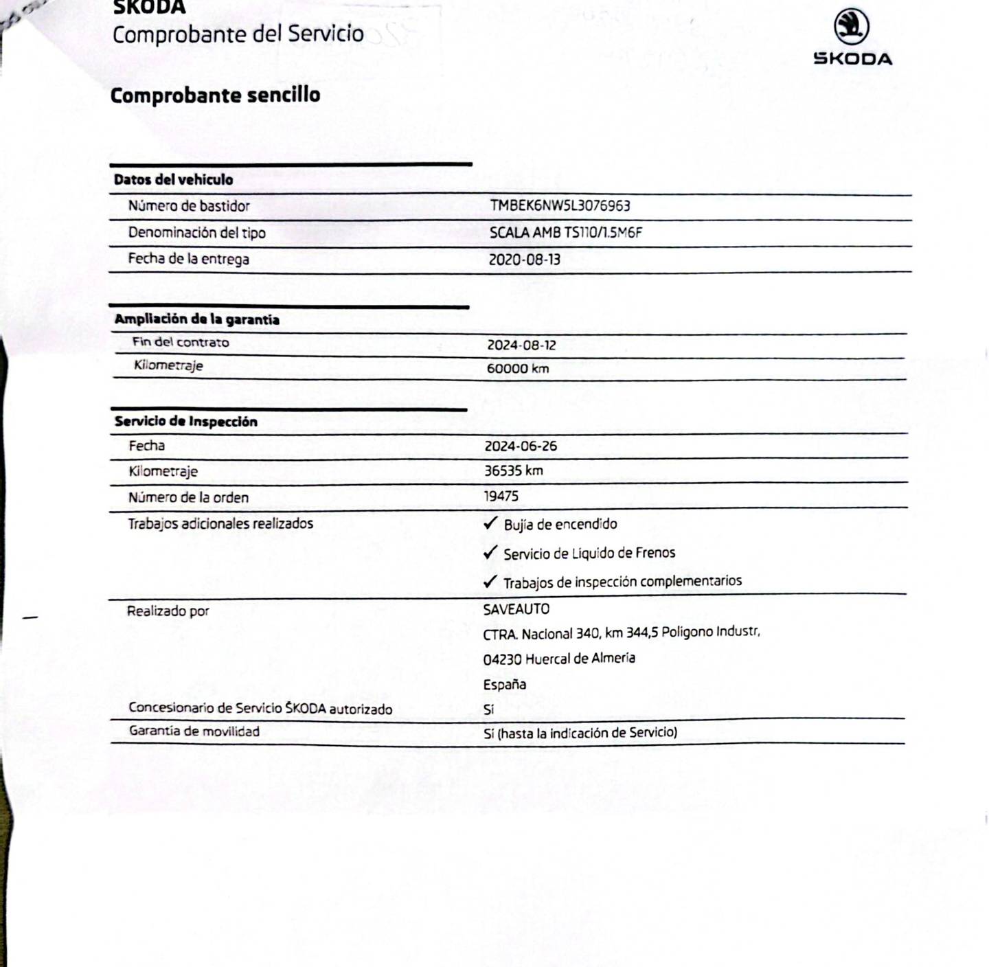 Foto del mantenimiento del Skoda Scala Skoda Scala 1.5 TSI Sport (150 CV)