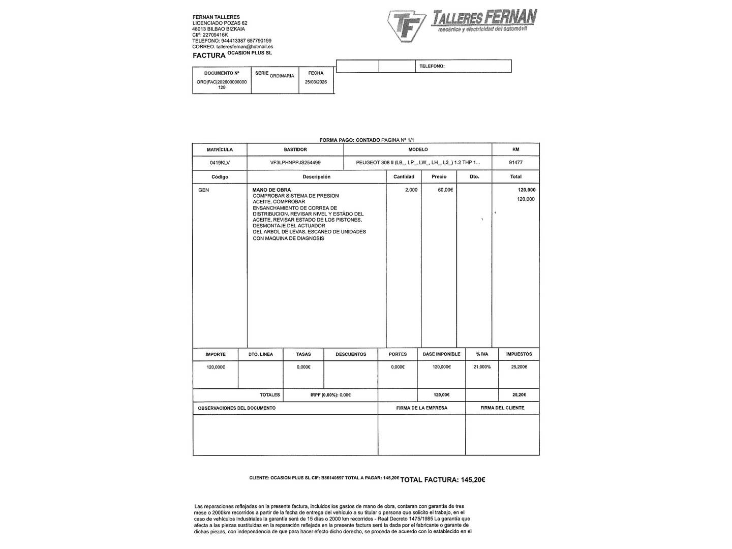 Foto del mantenimiento del Peugeot 308 Peugeot 308 PureTech 110 S&S Allure (110 CV)