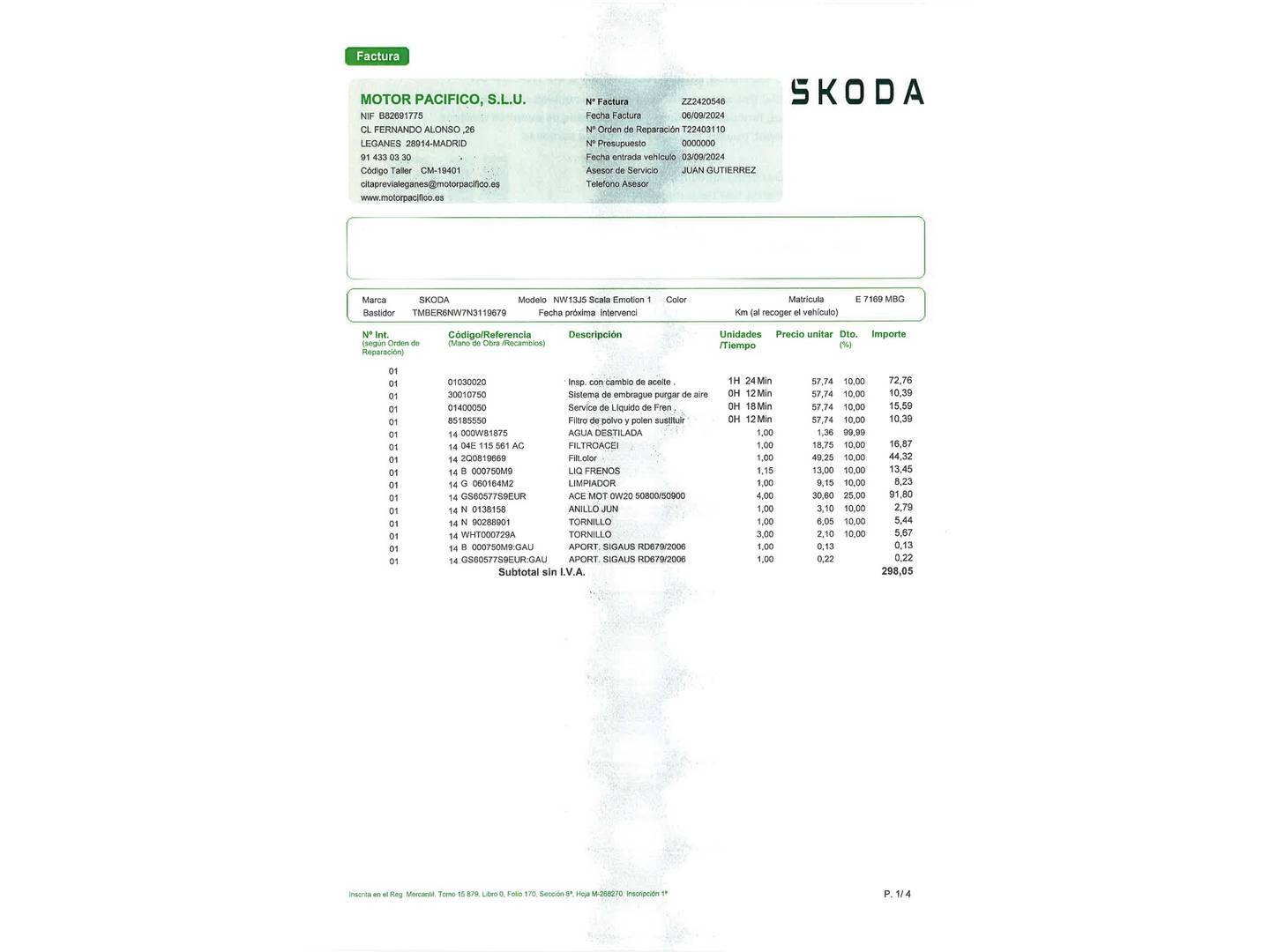 Foto del mantenimiento del Skoda Scala Skoda Scala 1.0 TSI Ambition (110 CV)