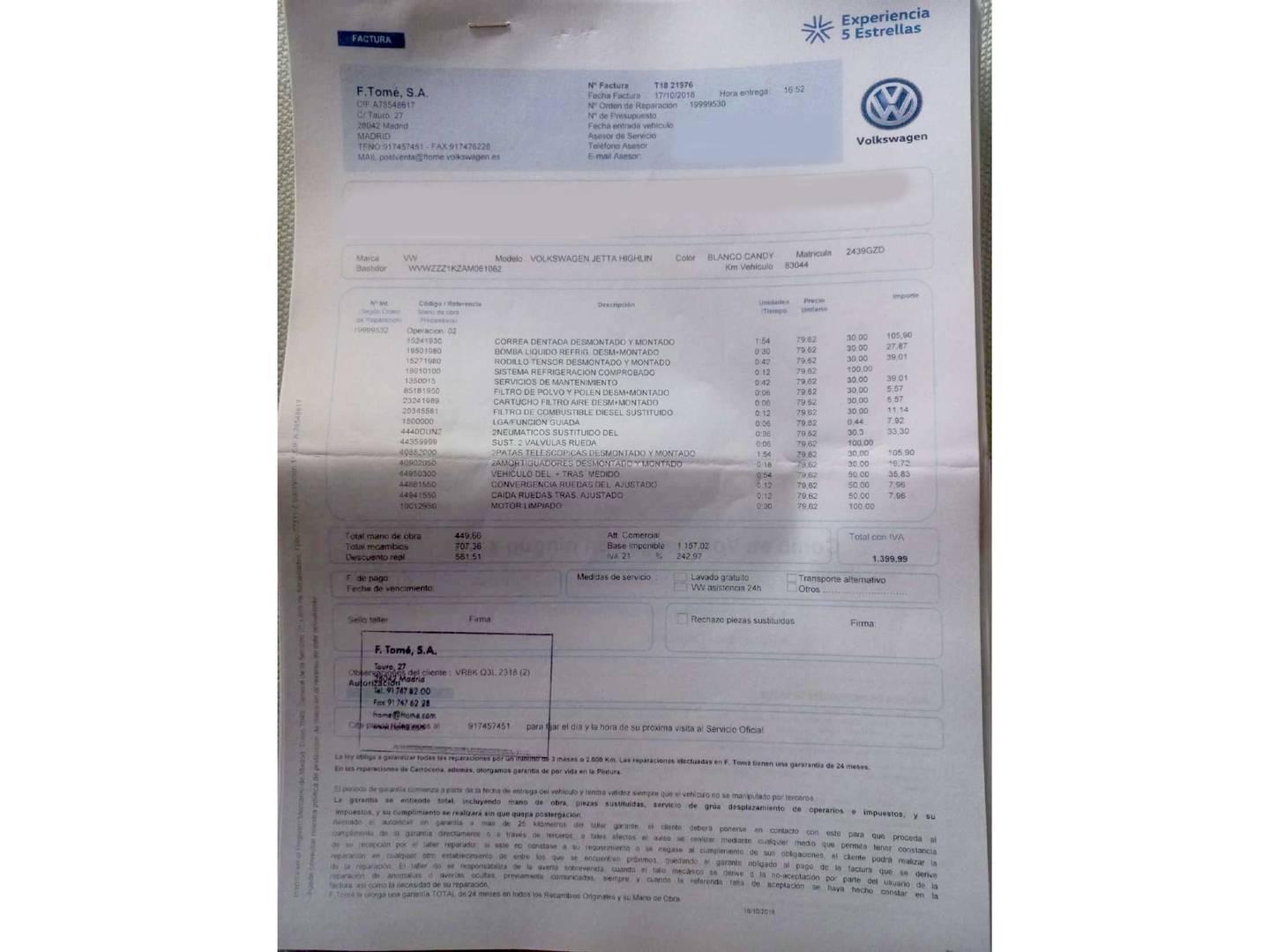 Foto del mantenimiento del Volkswagen Jetta Volkswagen Jetta Highline 1.6 TDI  (105 CV)