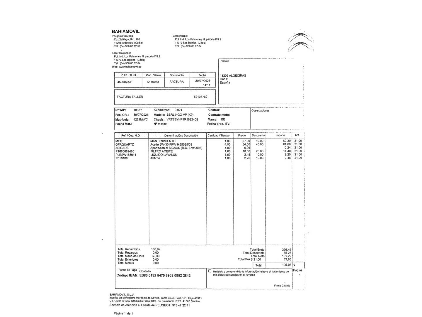 Foto del mantenimiento del Citroën Berlingo Citroën Berlingo BlueHDi 130 S&S Talla XL Plus (130 CV) 7 Plazas