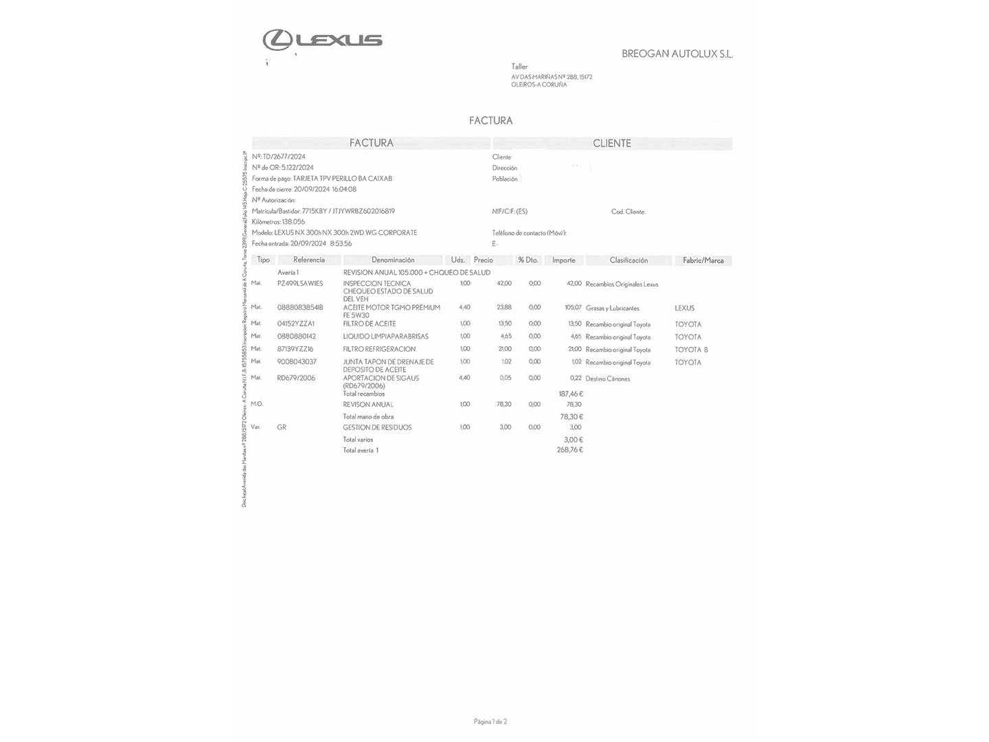 Foto del mantenimiento del Lexus NX Lexus NX 300h Business 2WD (197 CV)