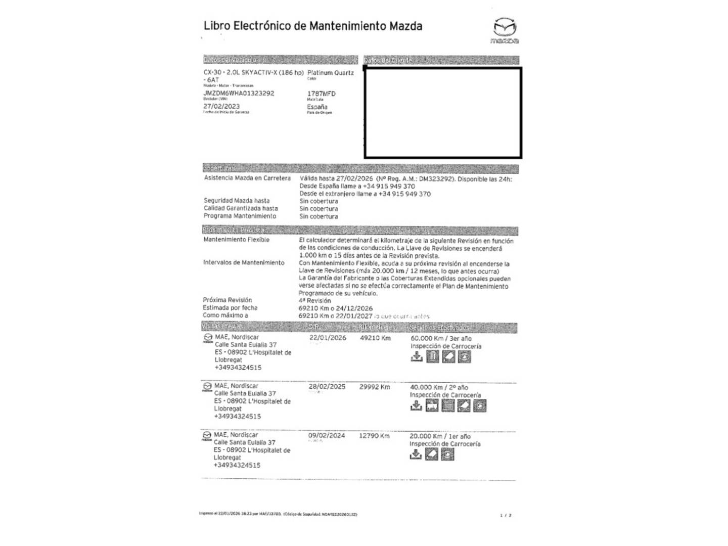 Foto del mantenimiento del Mazda CX-30 Mazda CX-30 2.0 e-SKYACTIV-X Homura 2WD AT (186 CV)