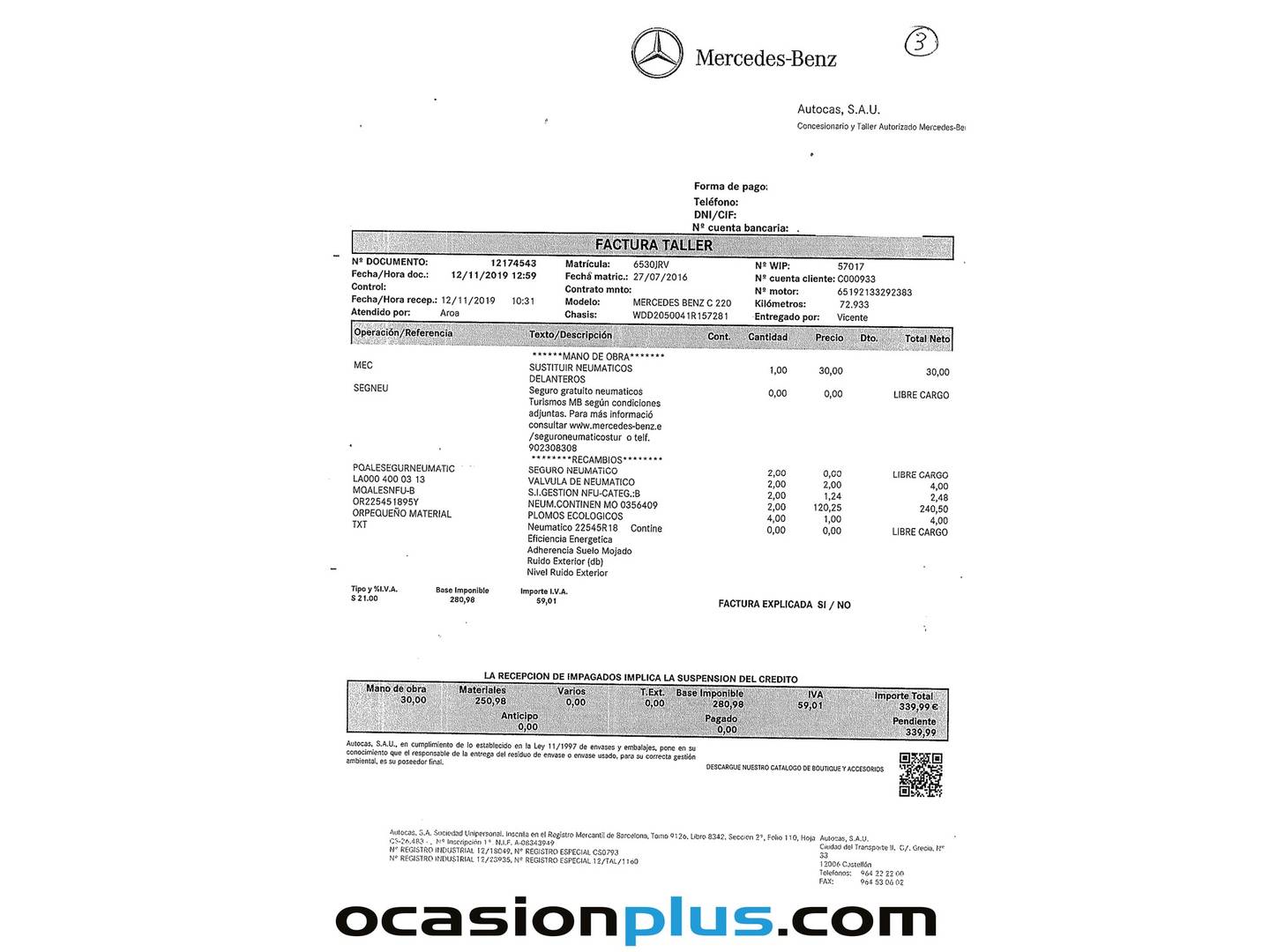 Foto del mantenimiento del Mercedes Clase C Mercedes Clase C Clase C C 220 d Avantgarde (170 CV)