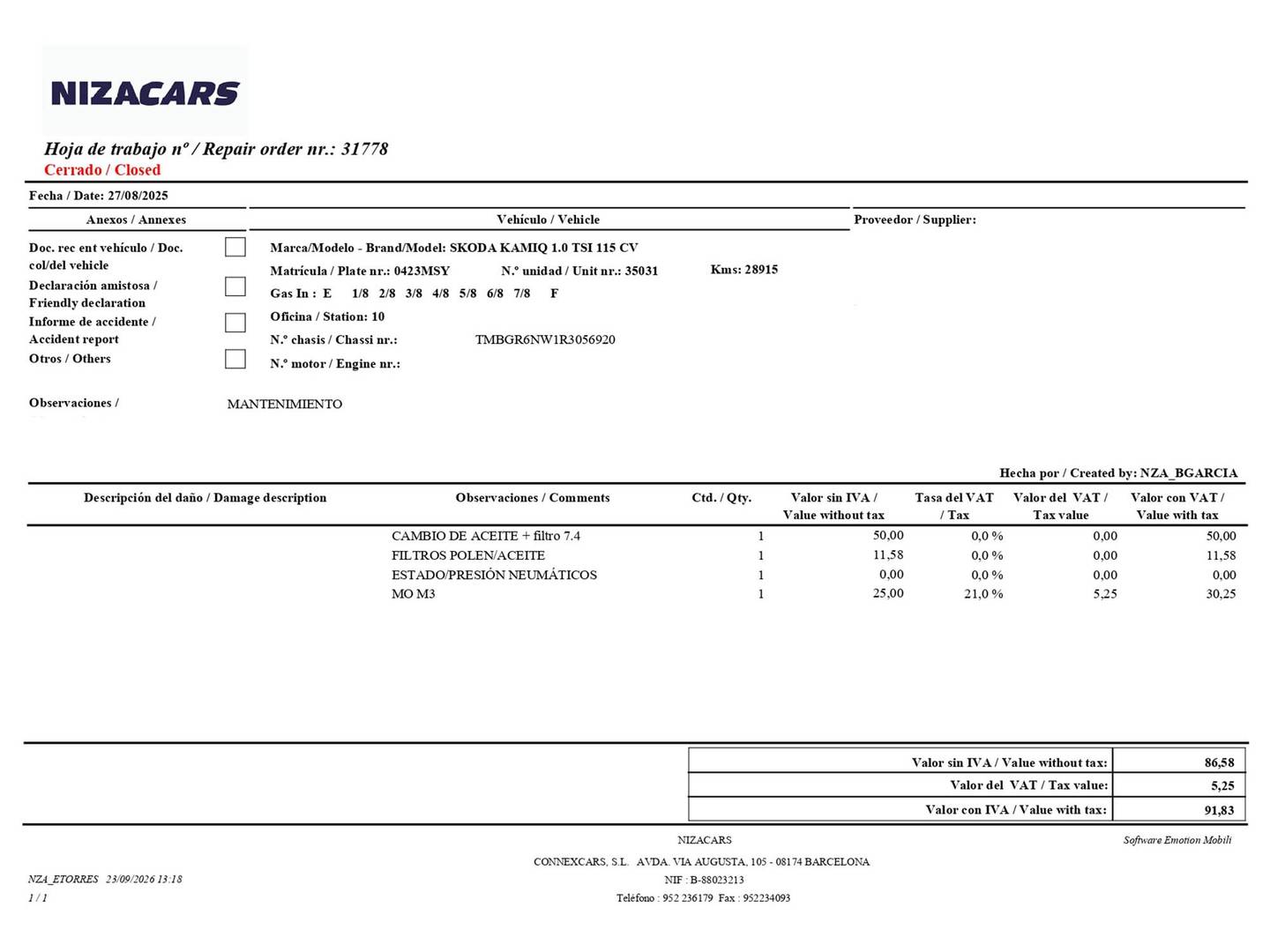 Foto del mantenimiento del Skoda Kamiq Skoda Kamiq 1.0 TSI Selection DSG (115 CV)