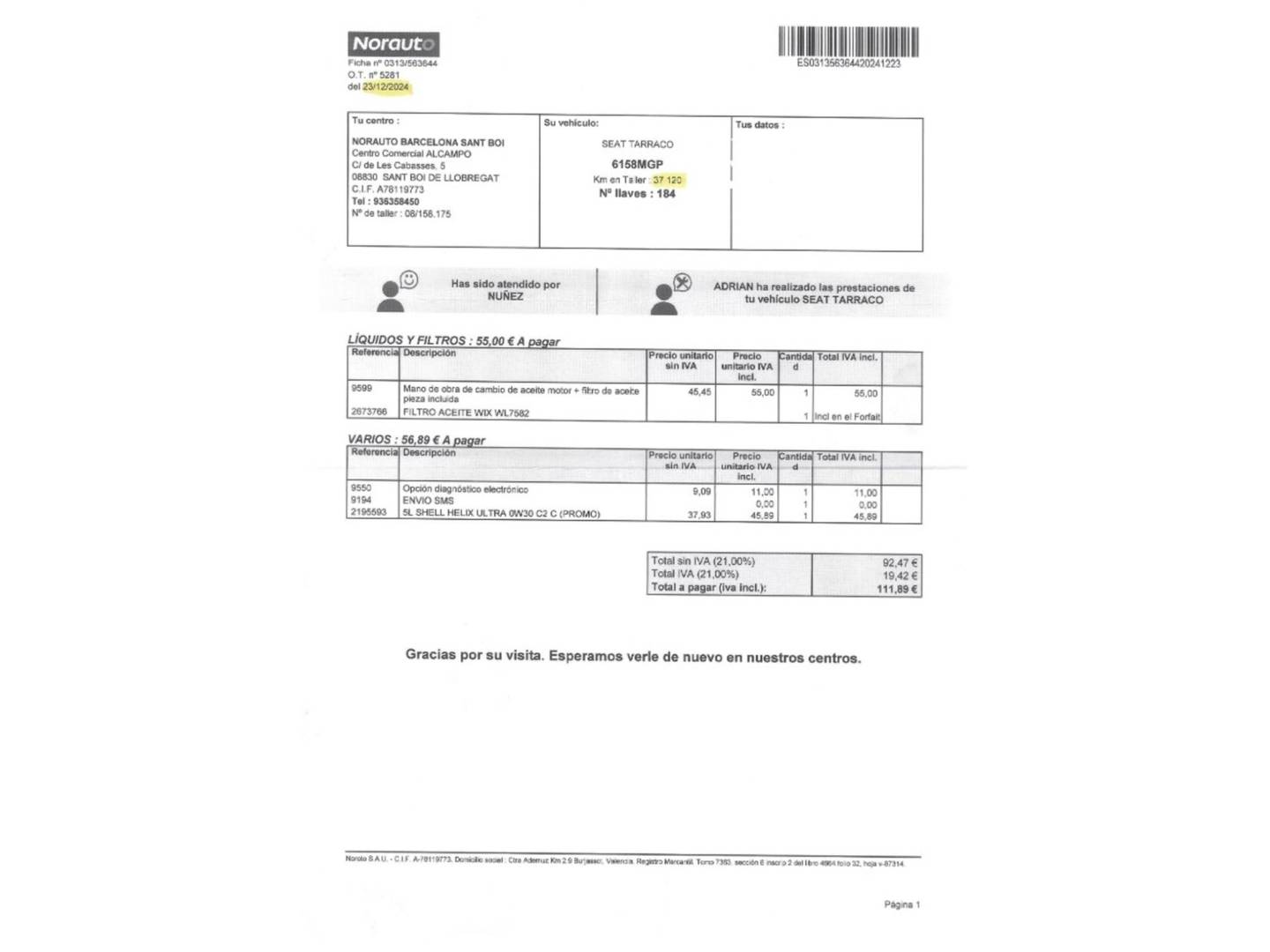 Foto del mantenimiento del Seat Tarraco Seat Tarraco 2.0 TDI S&S FR XL DSG (150 CV) 7 Plazas