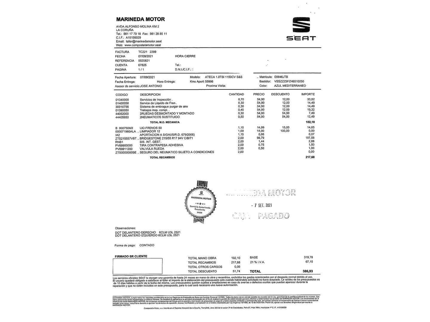 Foto del mantenimiento del Seat Ateca Seat Ateca 1.0 TSI S&S Ecomotive Style (115 CV)