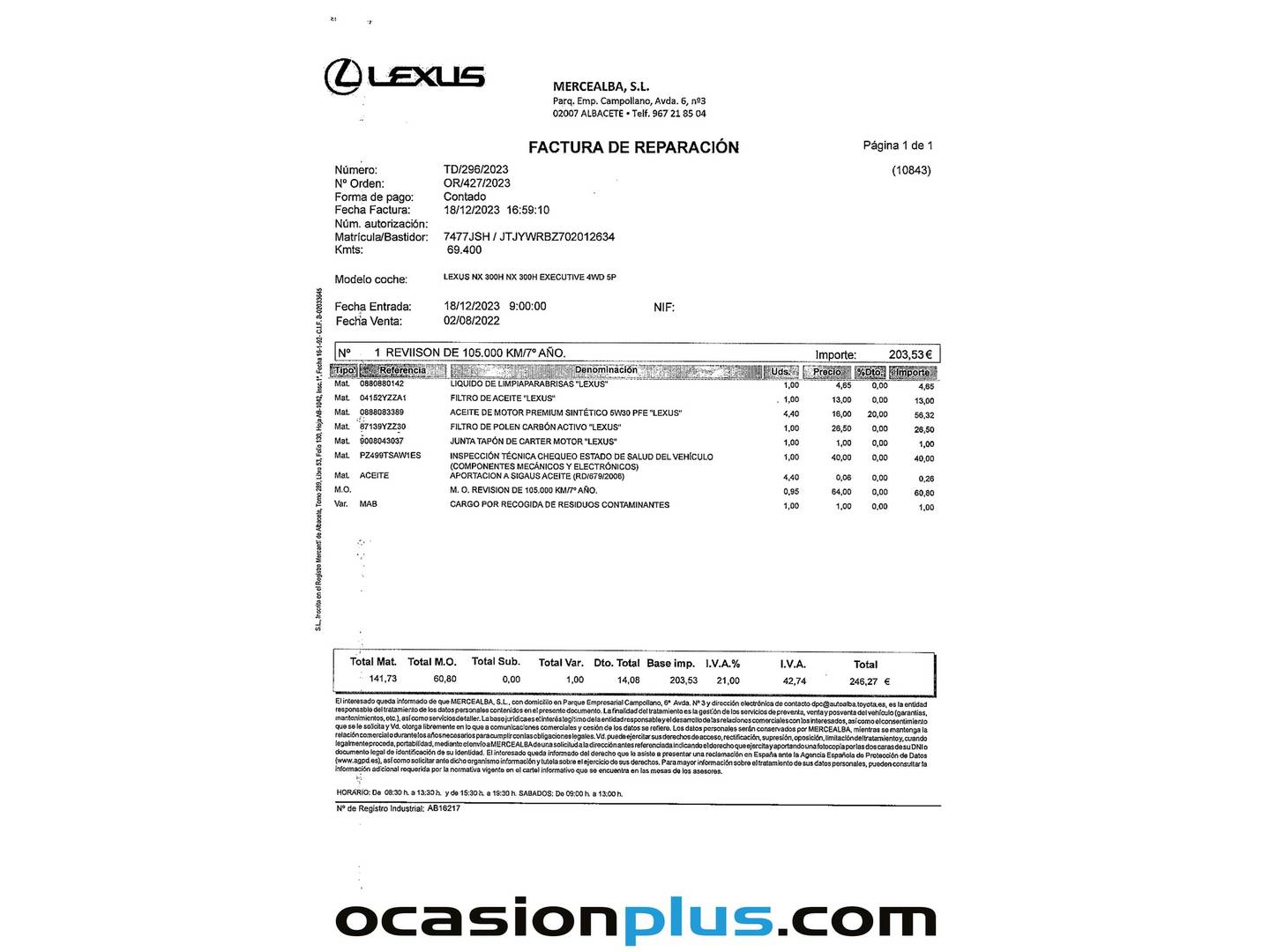 Foto del mantenimiento del Lexus NX Lexus NX 300h Corporate 2WD + Navibox (197 CV)