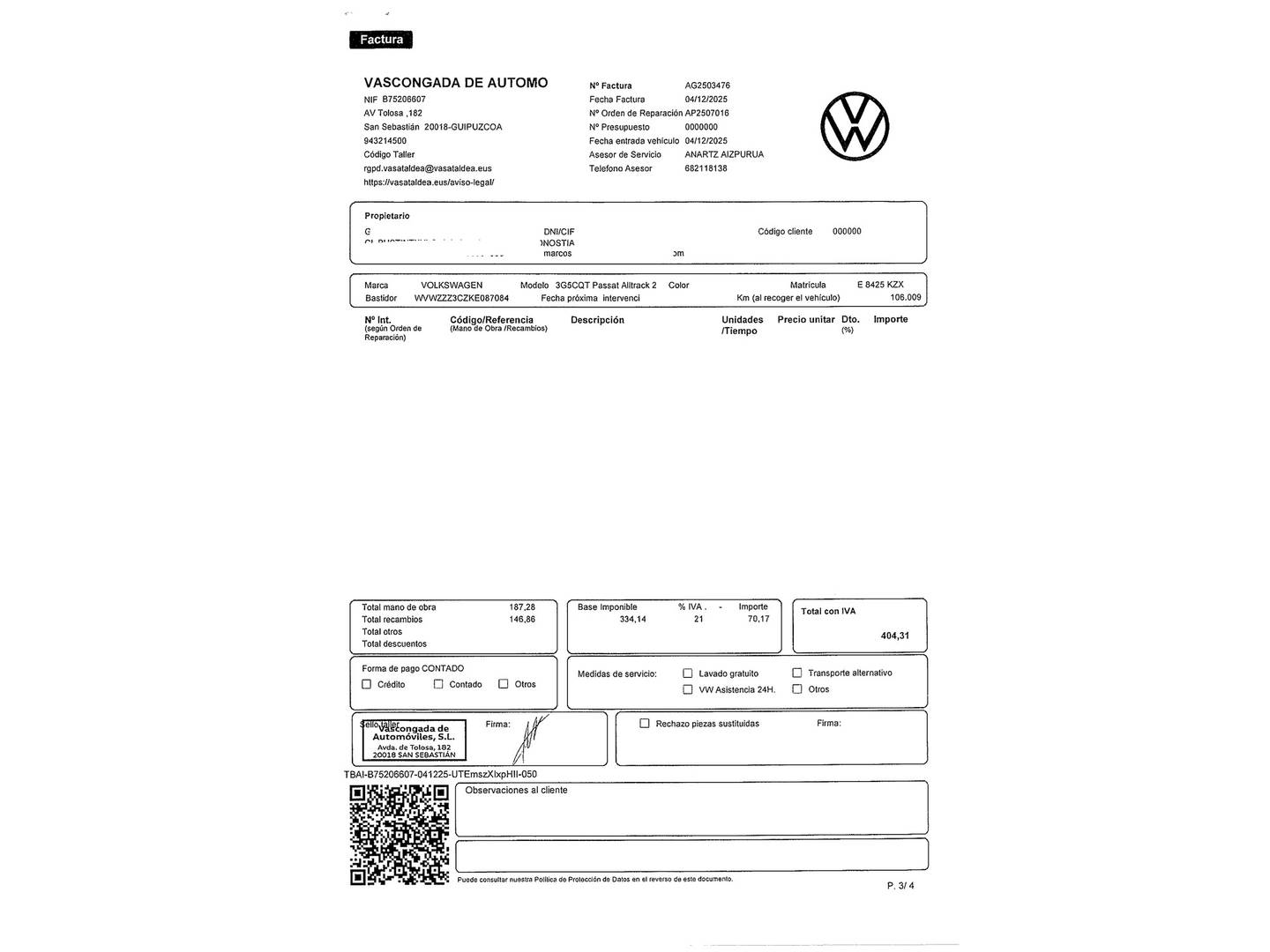 Foto del mantenimiento del Volkswagen Passat Volkswagen Passat Alltrack 2.0 TSI 4Motion (272 CV) DSG