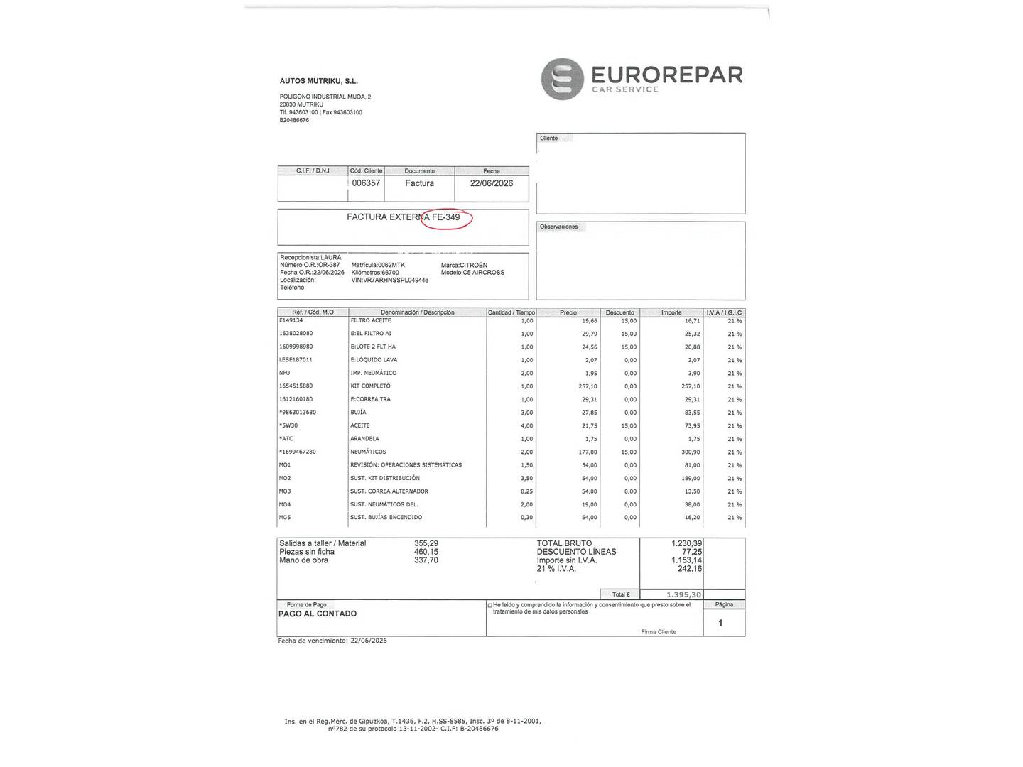 Foto del mantenimiento del Citroën C5 Aircross Citroën C5 Aircross PureTech 130 S&S Feel Pack EAT8 (131 CV)