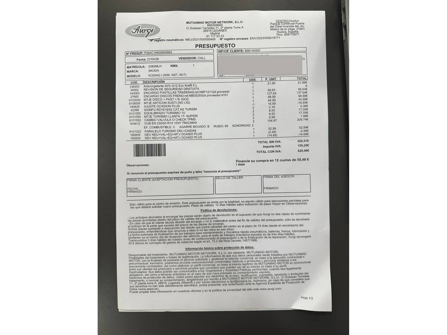 Foto del mantenimiento del Skoda Kodiaq Skoda Kodiaq 2.0 TDI (150cv) DSG 4x2 Sportline 7 Plazas