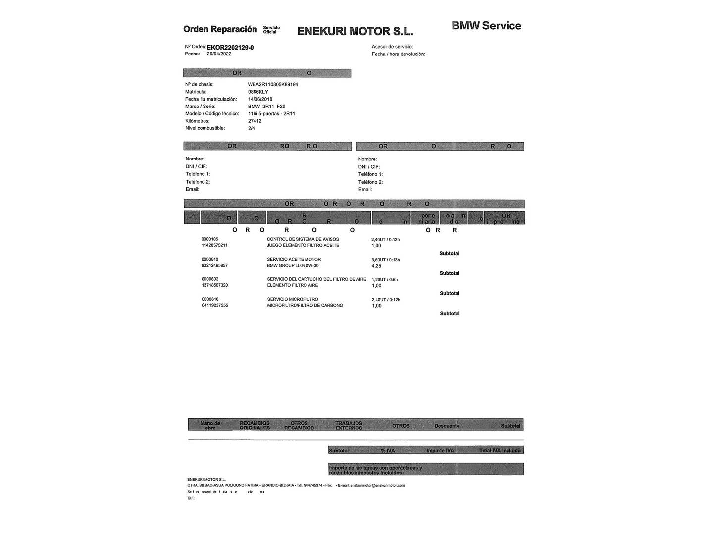 Foto del mantenimiento del BMW Serie 1 BMW Serie 1 116i (109 CV)