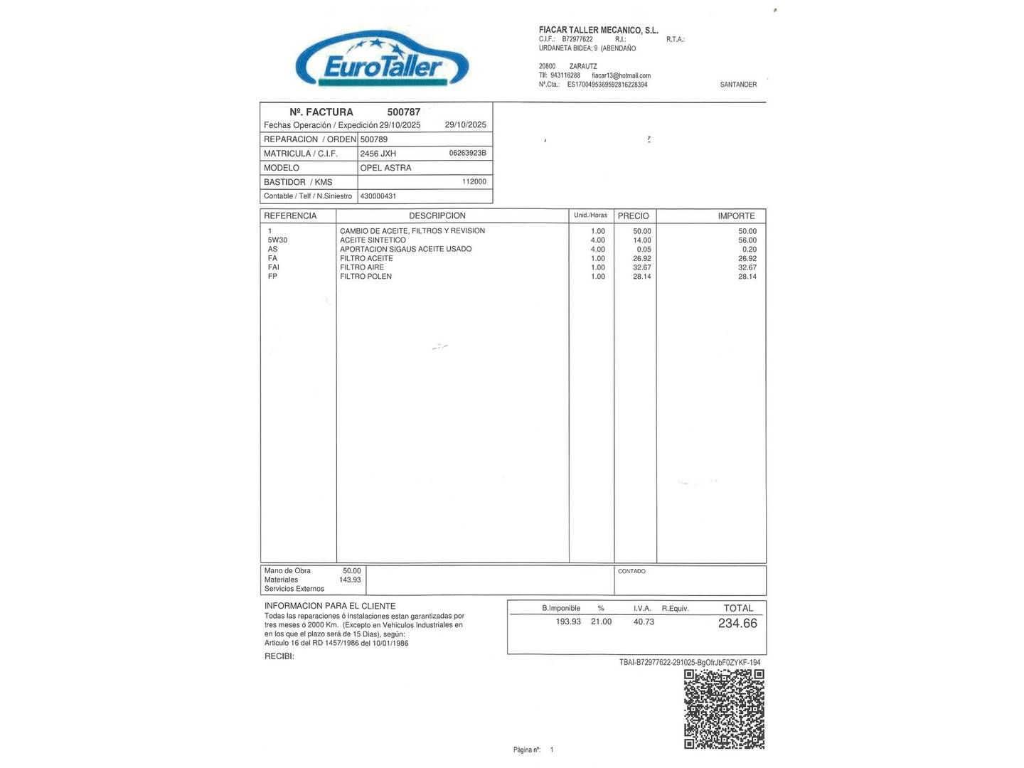 Foto del mantenimiento del Opel Astra Opel Astra 1.4 Turbo S&S Dynamic (125 CV)