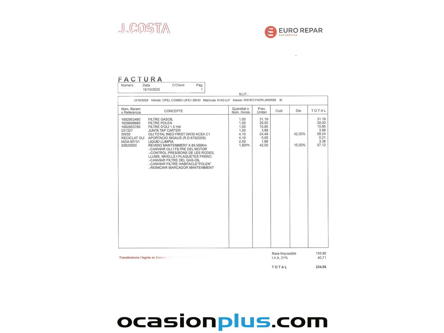 Foto del mantenimiento del Opel Combo Life Opel Combo Life 1.5 TD S&S Innovation L Auto (131 CV)