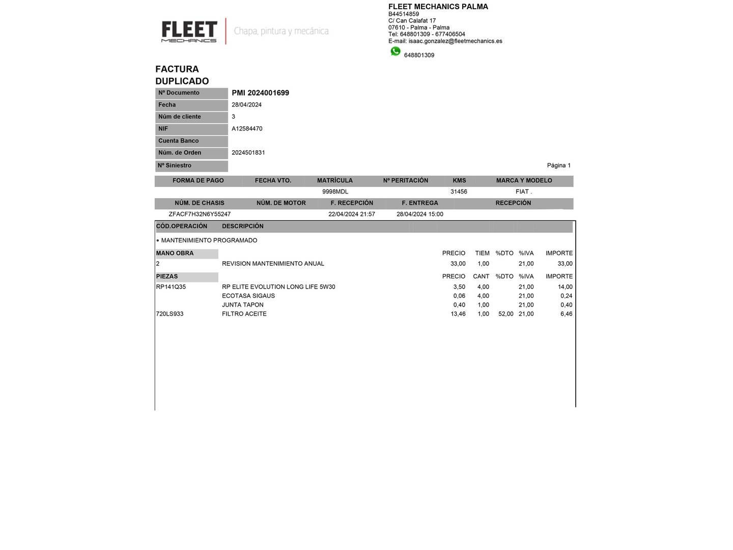 Foto del mantenimiento del Fiat Tipo Fiat Tipo 1.0 Cross (100 CV)