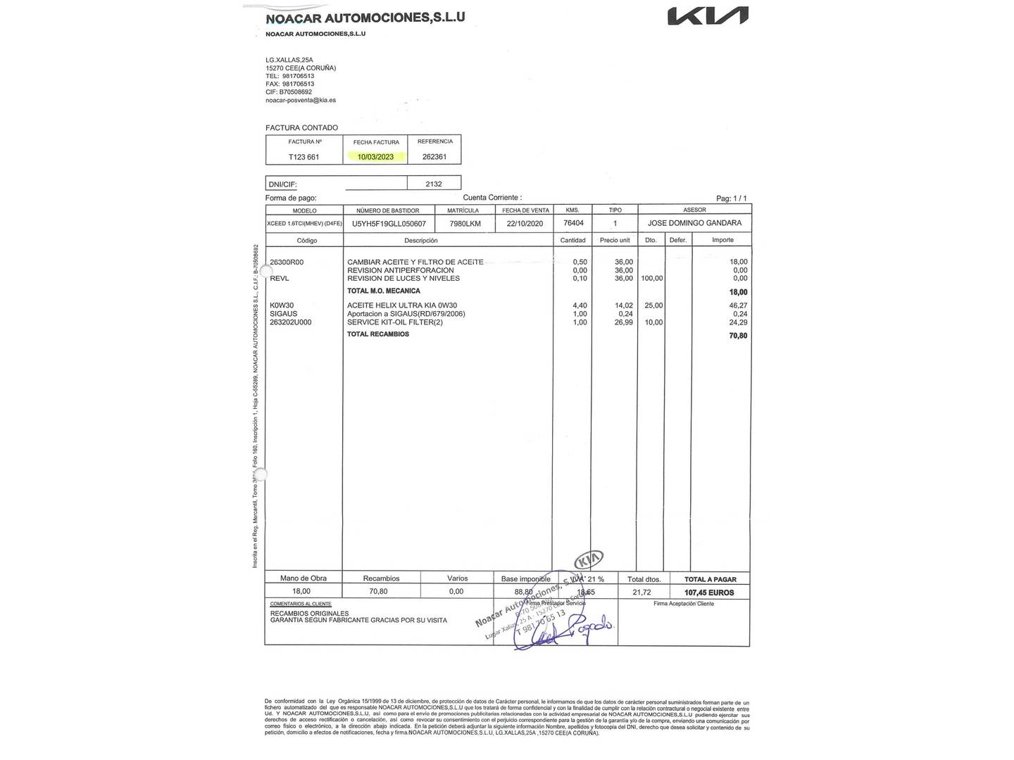 Foto del mantenimiento del KIA XCeed KIA XCeed 1.6 MHEV Emotion DCT (136 CV)