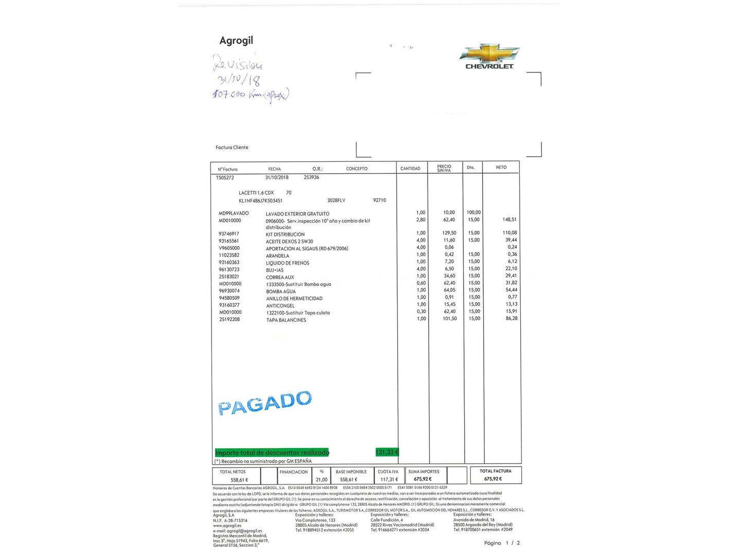 Foto del mantenimiento del Chevrolet Lacetti Chevrolet Lacetti 1.6 SX (109 CV)