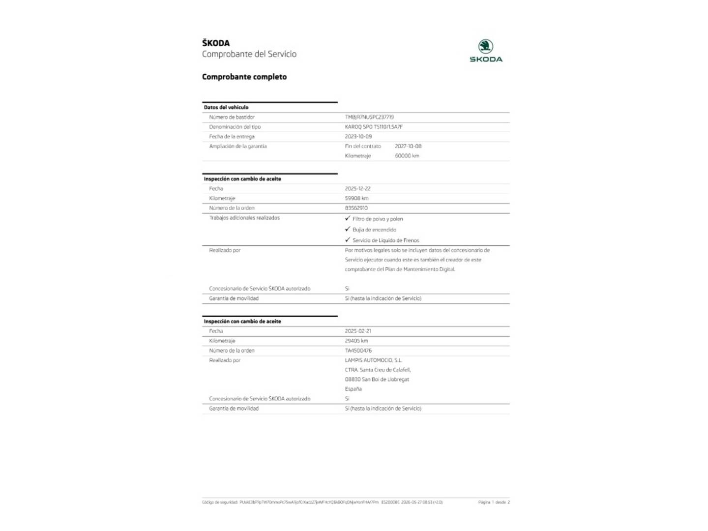 Foto del mantenimiento del Skoda Karoq Skoda Karoq 1.5 TSI ACT Sportline DSG  (150 CV)