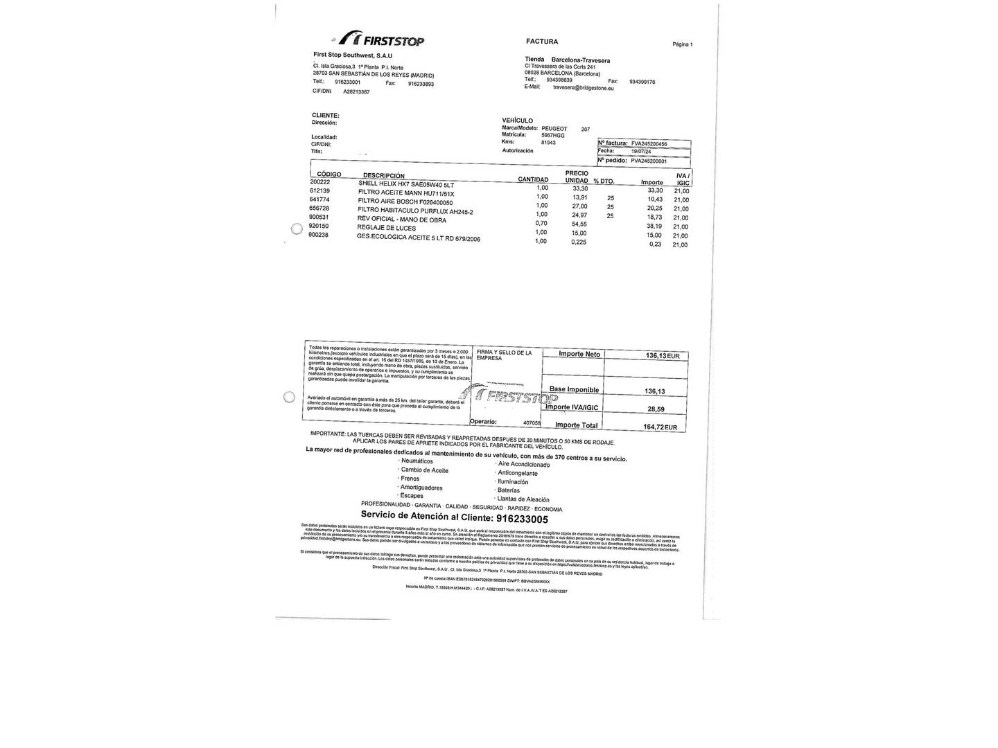 Foto del mantenimiento del Peugeot 207 Peugeot 207 1.4 VTi Active (95 CV)