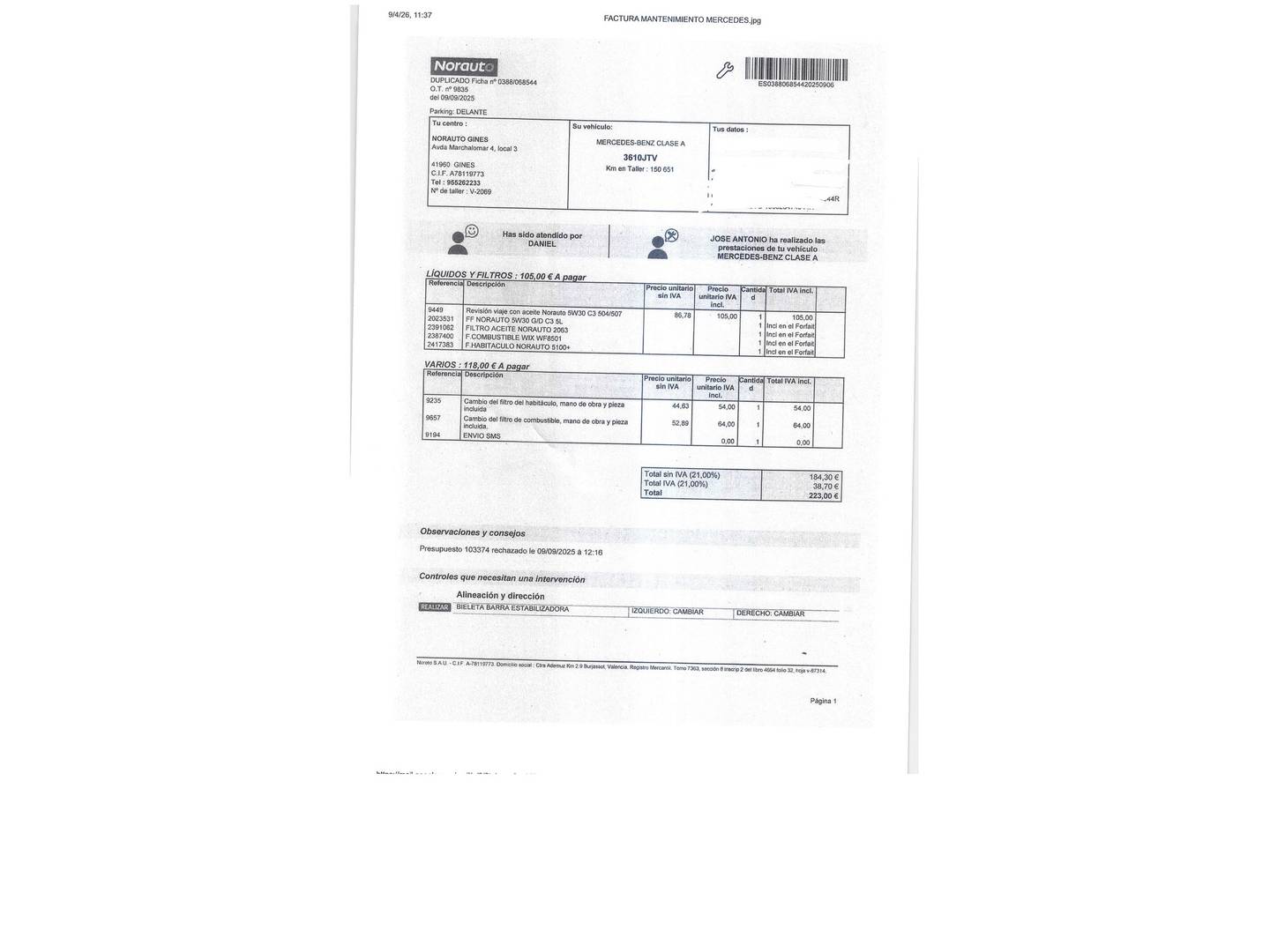Foto del mantenimiento del Mercedes Clase A Mercedes Clase A Clase A 200 d AMG Line (136 CV)