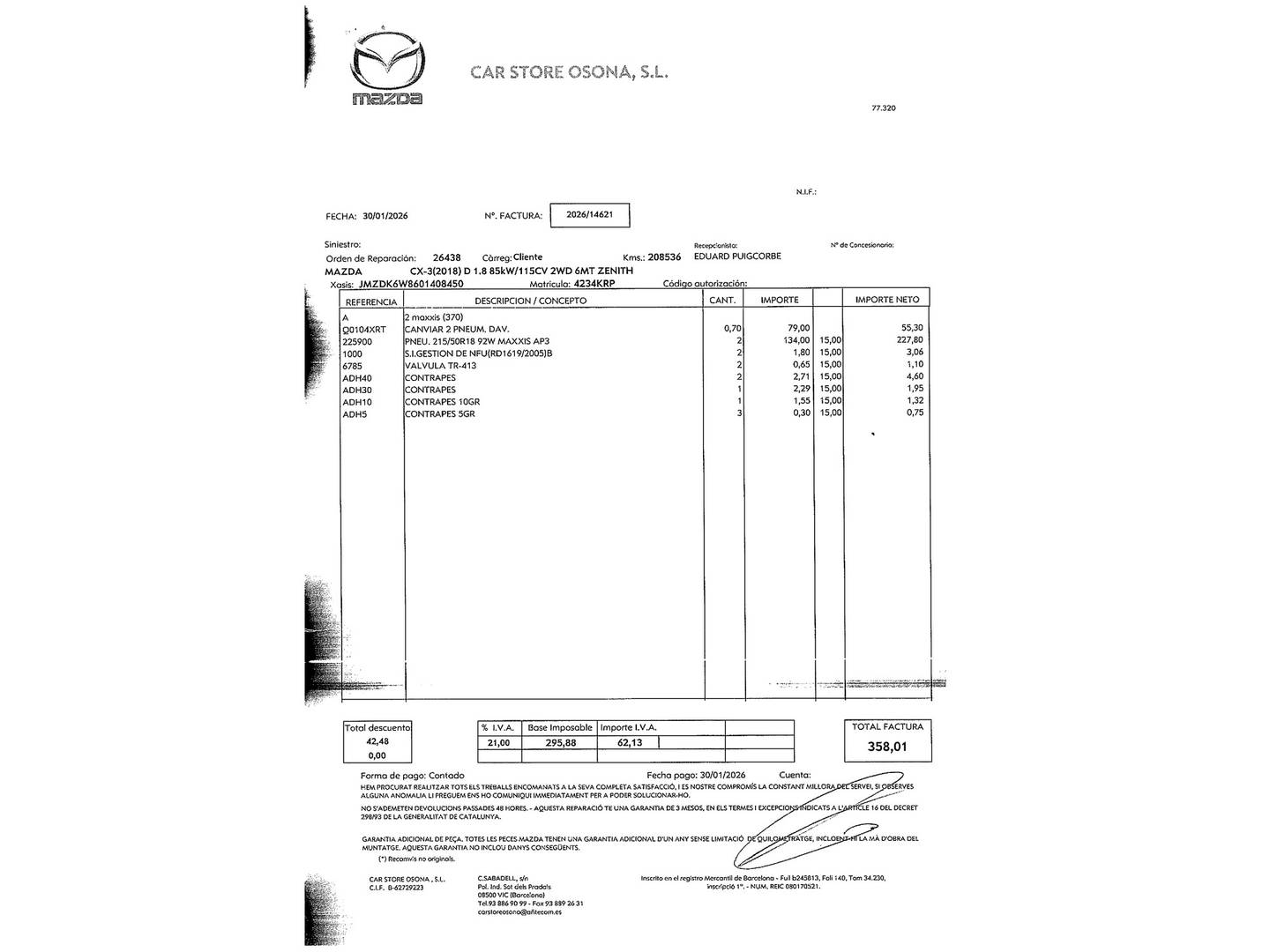 Foto del mantenimiento del Mazda CX-3 Mazda CX-3 1.8 D Zenith 2WD (115 CV)