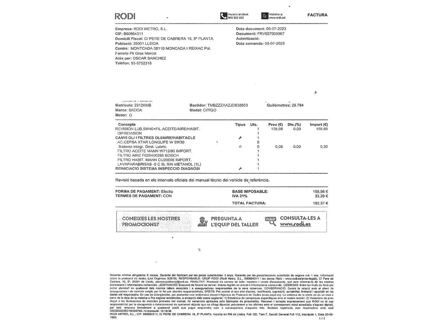 Foto del mantenimiento del Skoda Citigo Skoda Citigo 1.0 MPI Ambition (60 CV)