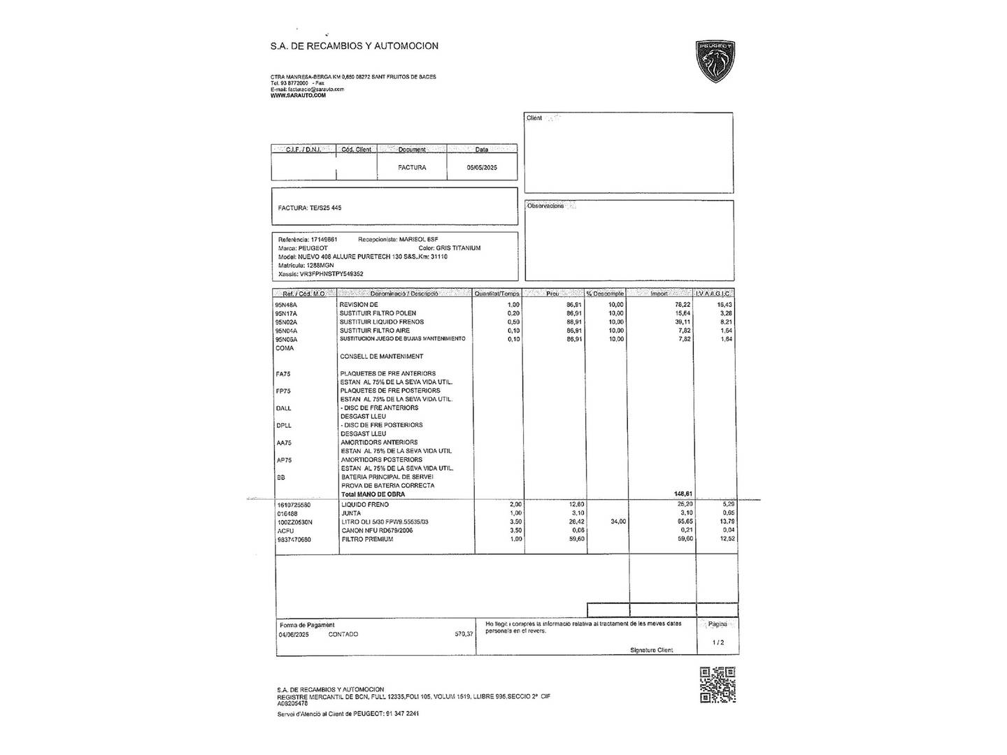 Foto del mantenimiento del Peugeot 408 Peugeot 408 Puretech 130 Allure EAT8 (130 CV)