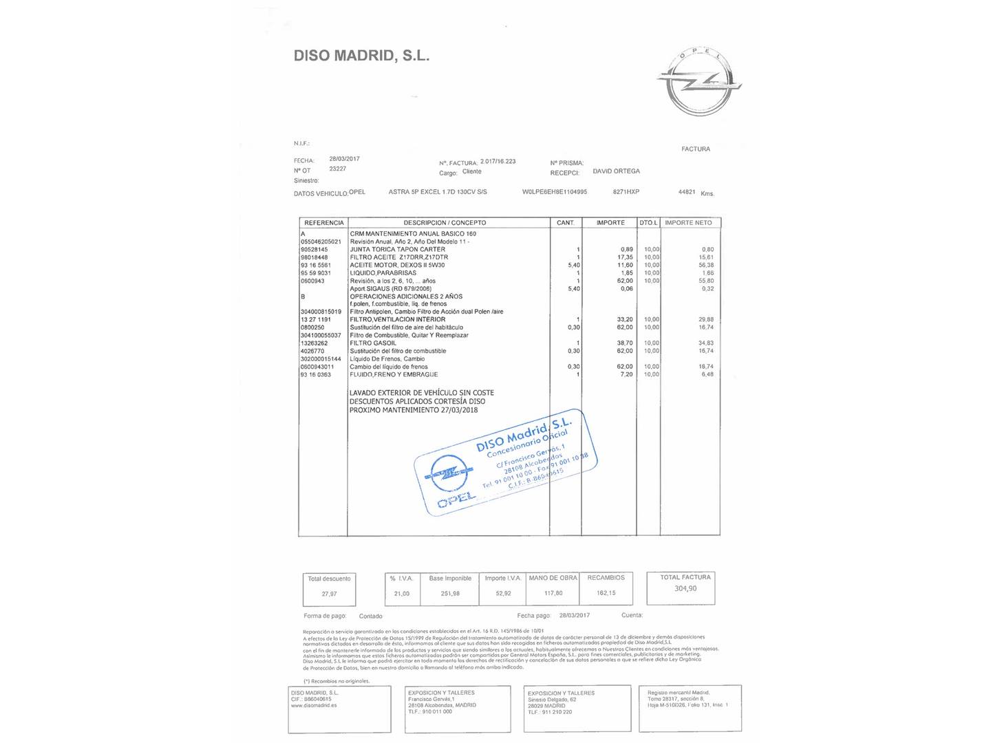Foto del mantenimiento del Opel Astra Opel Astra 1.7 CDTI S&S Excellence (130 CV)