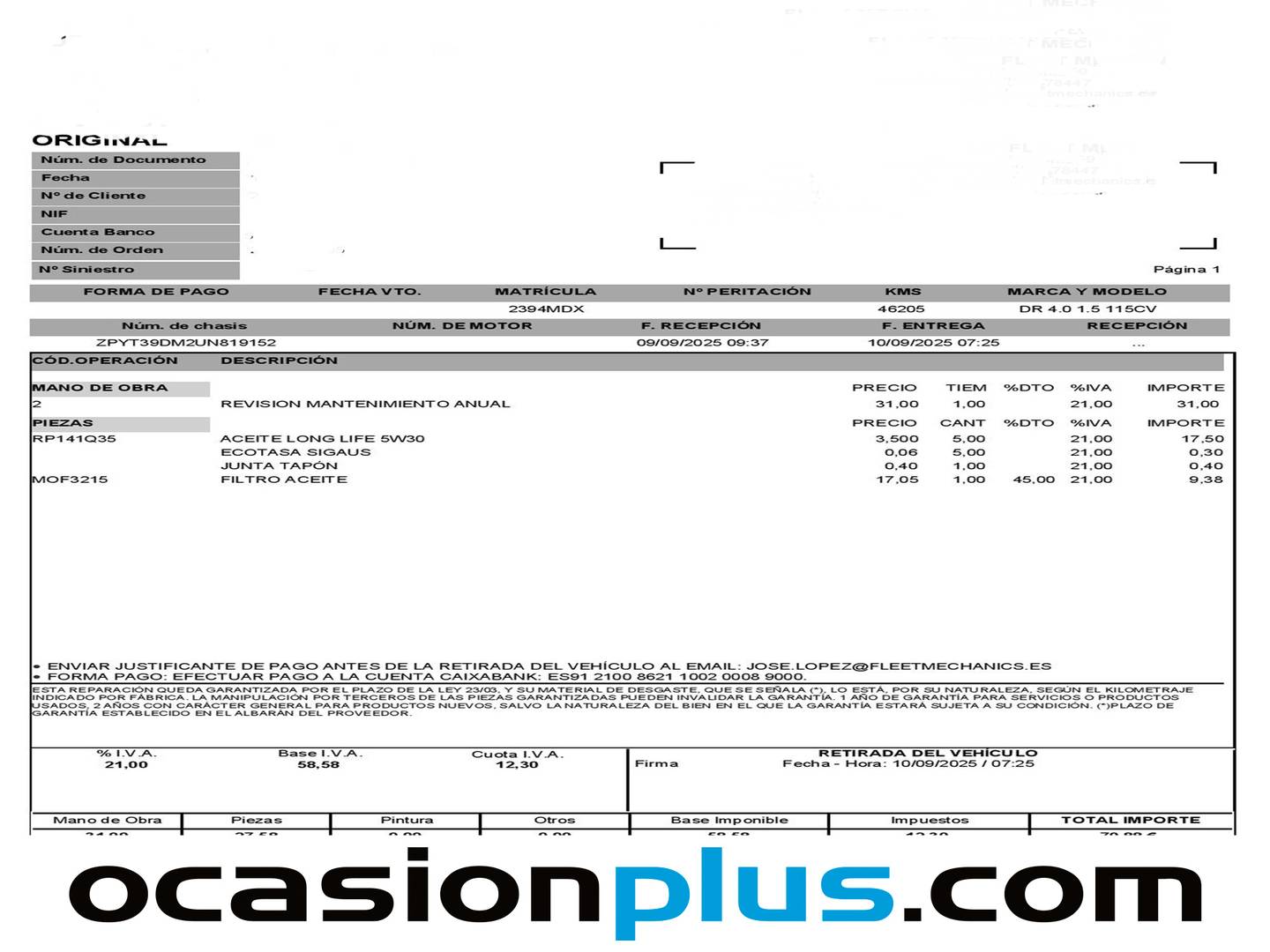 Foto del mantenimiento del DR AUTOMOBILES DR 4.0 DR AUTOMOBILES DR4 DR4 1.5 (116 CV)
