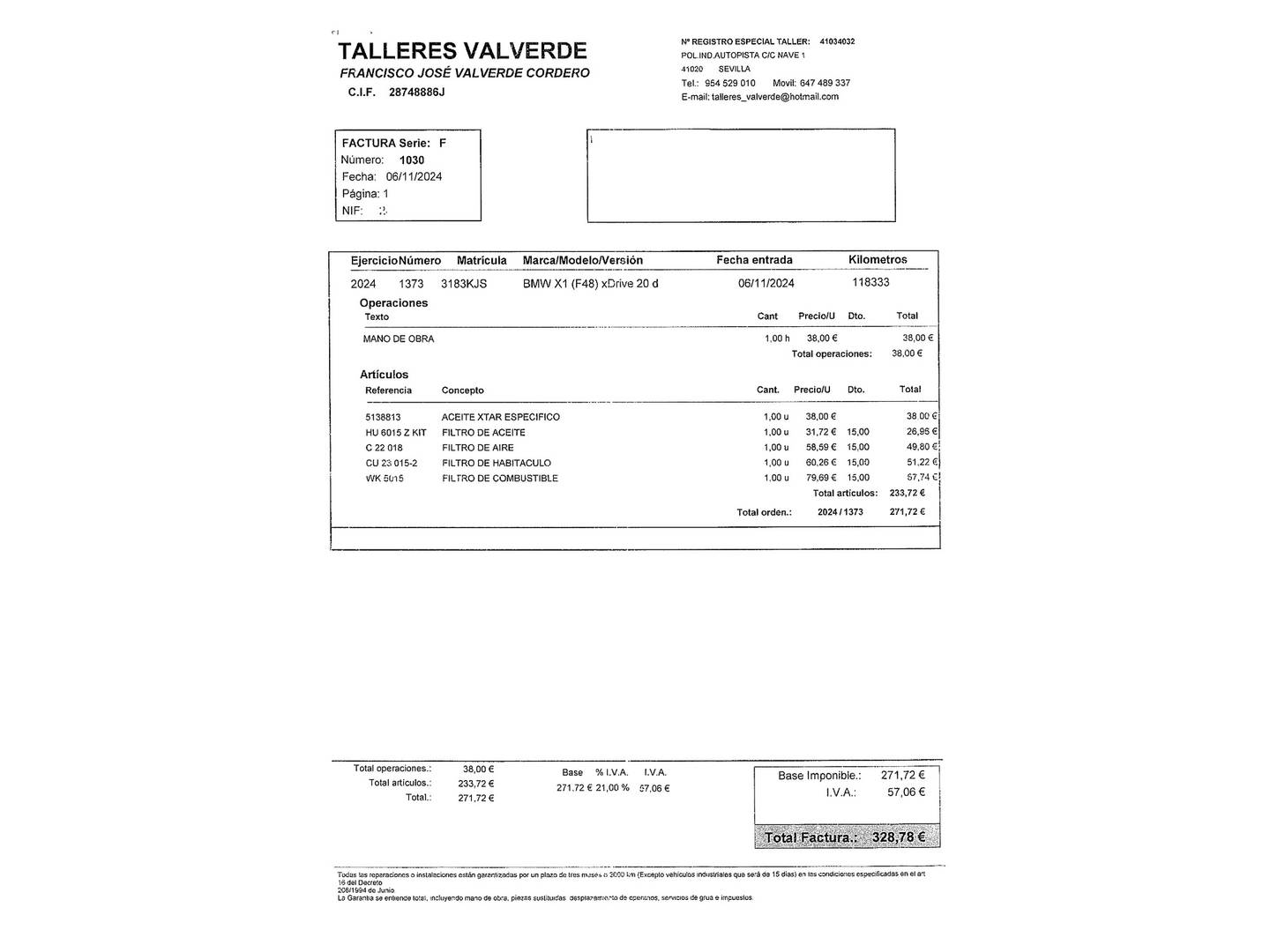 Foto del mantenimiento del BMW X1 BMW X1 sDrive18d Business (150 CV)