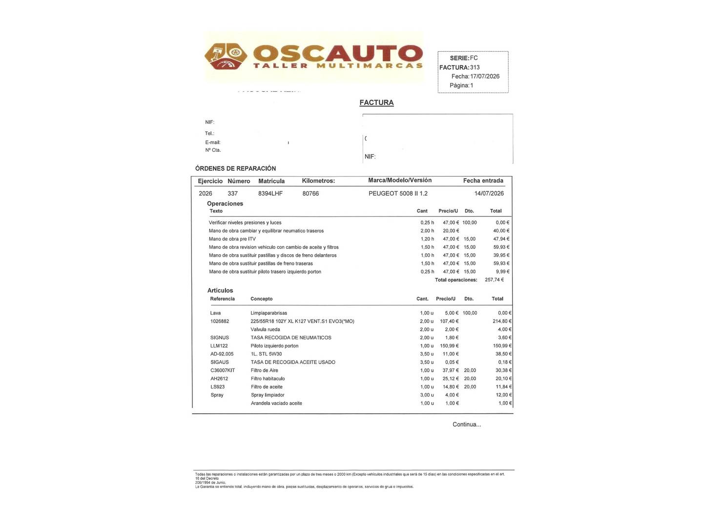 Foto del mantenimiento del Peugeot 5008 Peugeot 5008 PureTech 130 GT Line EAT8 (130 CV) 7 Plazas