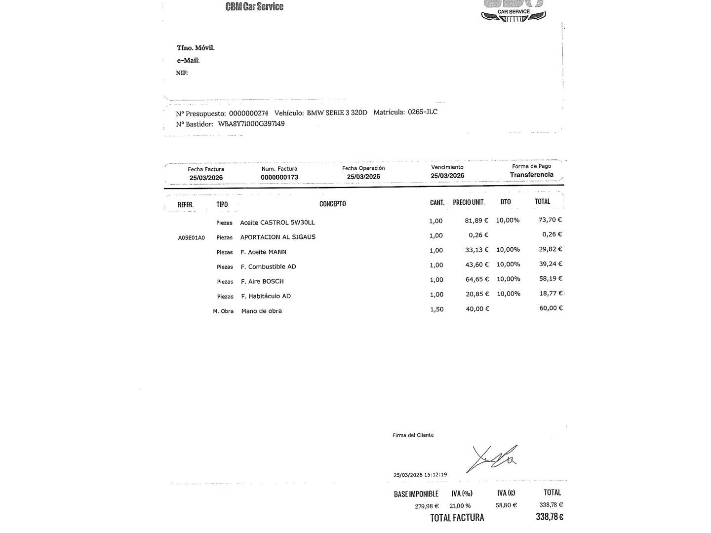 Foto del mantenimiento del BMW Serie 3 BMW Serie 3 320d Gran Turismo (190 CV)