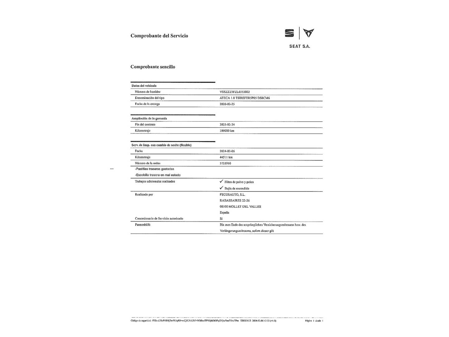 Foto del mantenimiento del Seat Ateca Seat Ateca 1.0 TSI S&S Ecomotive Reference Edition (115 CV)