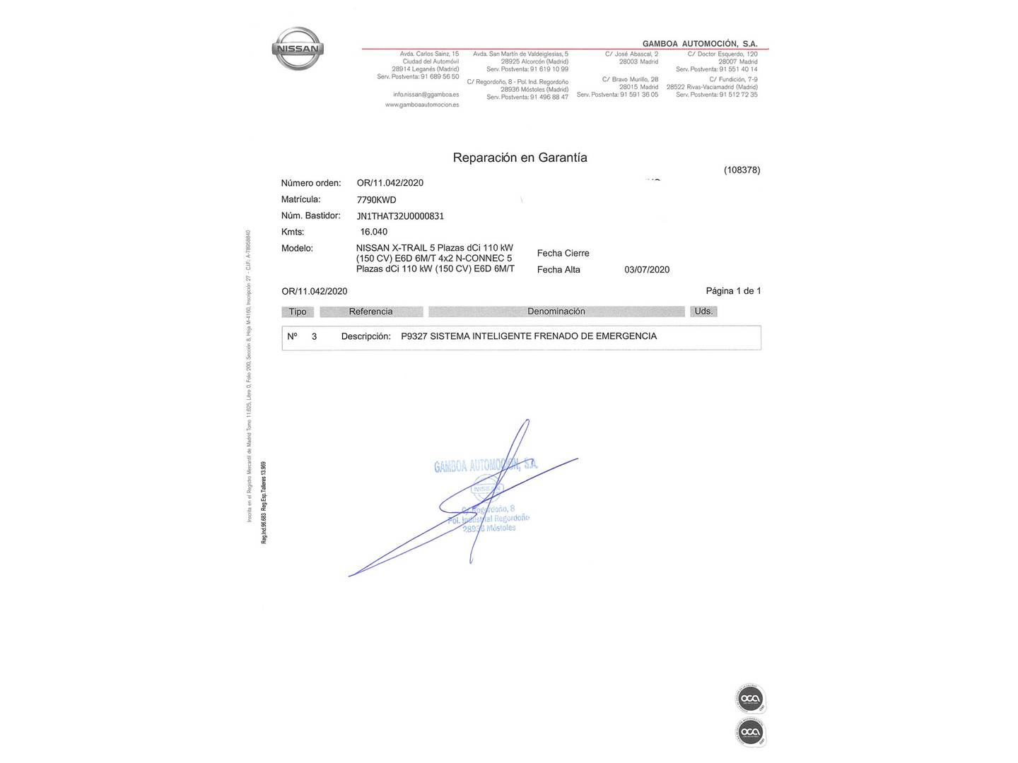 Foto del mantenimiento del Nissan X-TRAIL Nissan X-Trail Visia dCi (150 CV)