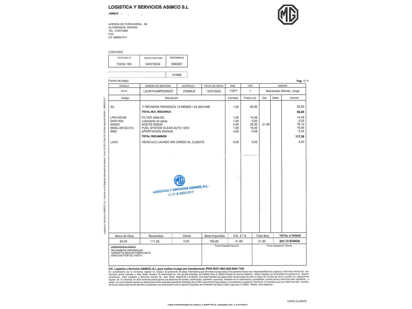 Foto del mantenimiento del MG ZS MG ZS 1.5 Comfort (106 CV)