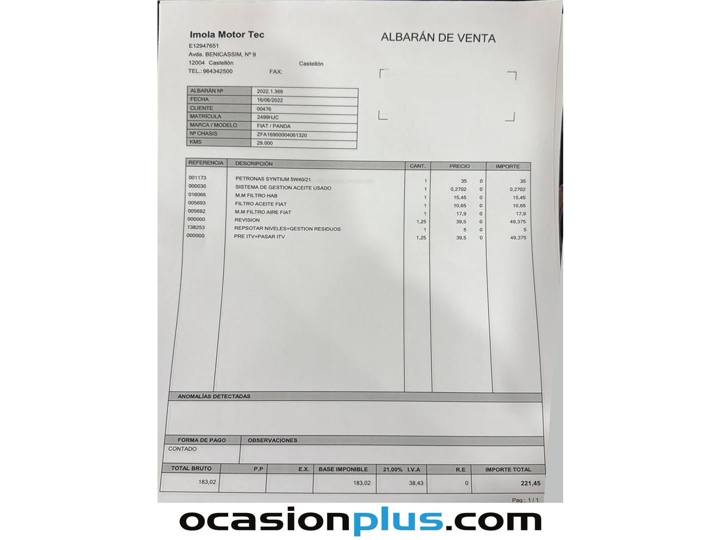 Foto del mantenimiento del Fiat Panda Fiat Panda 1.2 8v Dynamic (69 CV)