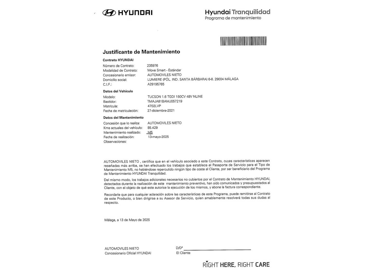 Foto del mantenimiento del Hyundai Tucson Hyundai Tucson 1.6 TGDI 48V N-Line 4X2 (150 CV)